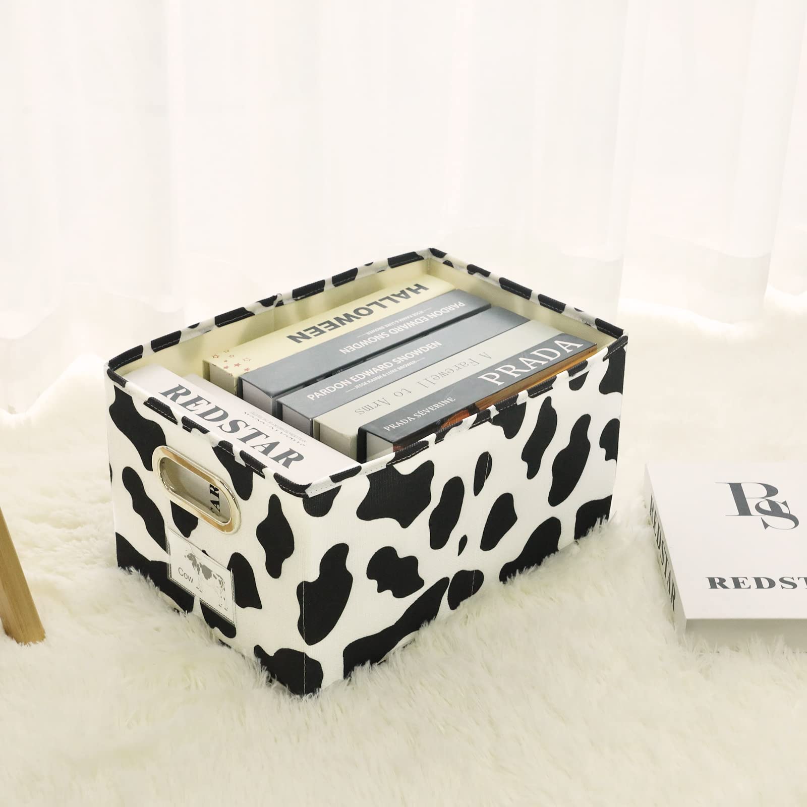 Anminy Fabric Storage Bin Cow Print Cotton Linen Foldable Open Storage Basket Box With Handles Pp Plastic Board Label Window Dec
