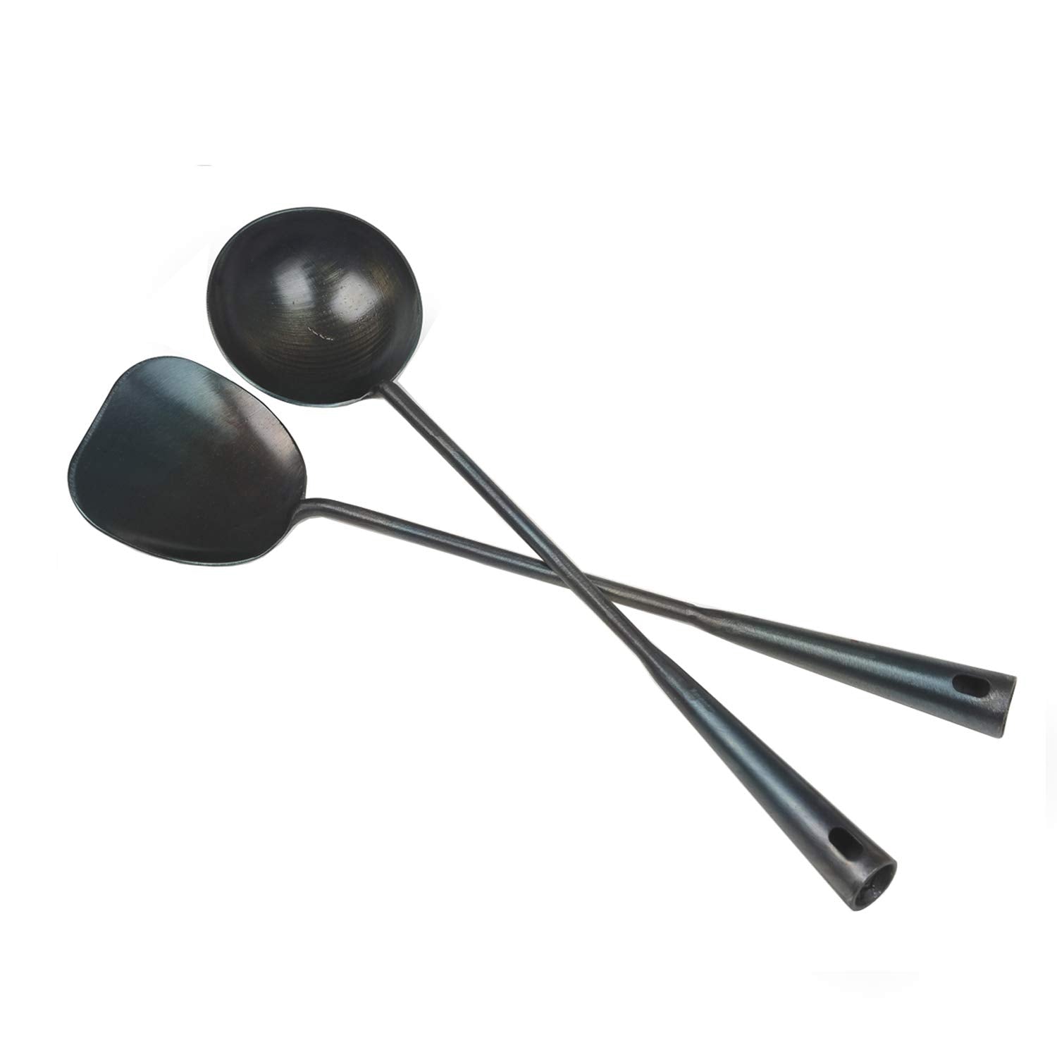 Zhensanhuan Chinese Traditional Handmade Iron Spatula & Ladle Wok Tool Set,Long Wok Utensils (Ladle And Spatula Set)