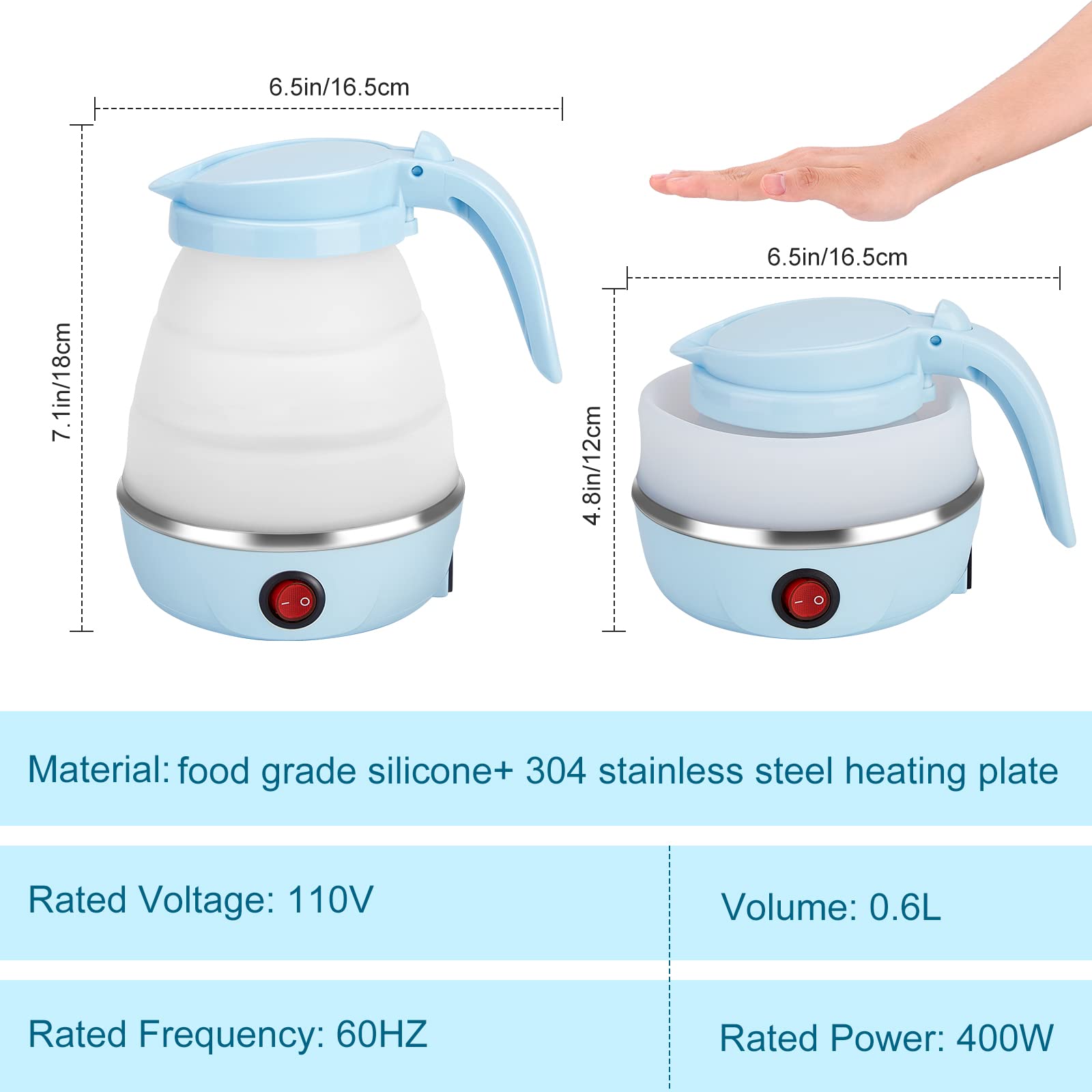Travel Foldable Electric Kettle  Collapsible Portable Kettle for Fast Water Boiling Tea Coffee  with 1 Collapsible Bowl and 2 Collapsible Cups  Food Grade Silicon  600ML 110V