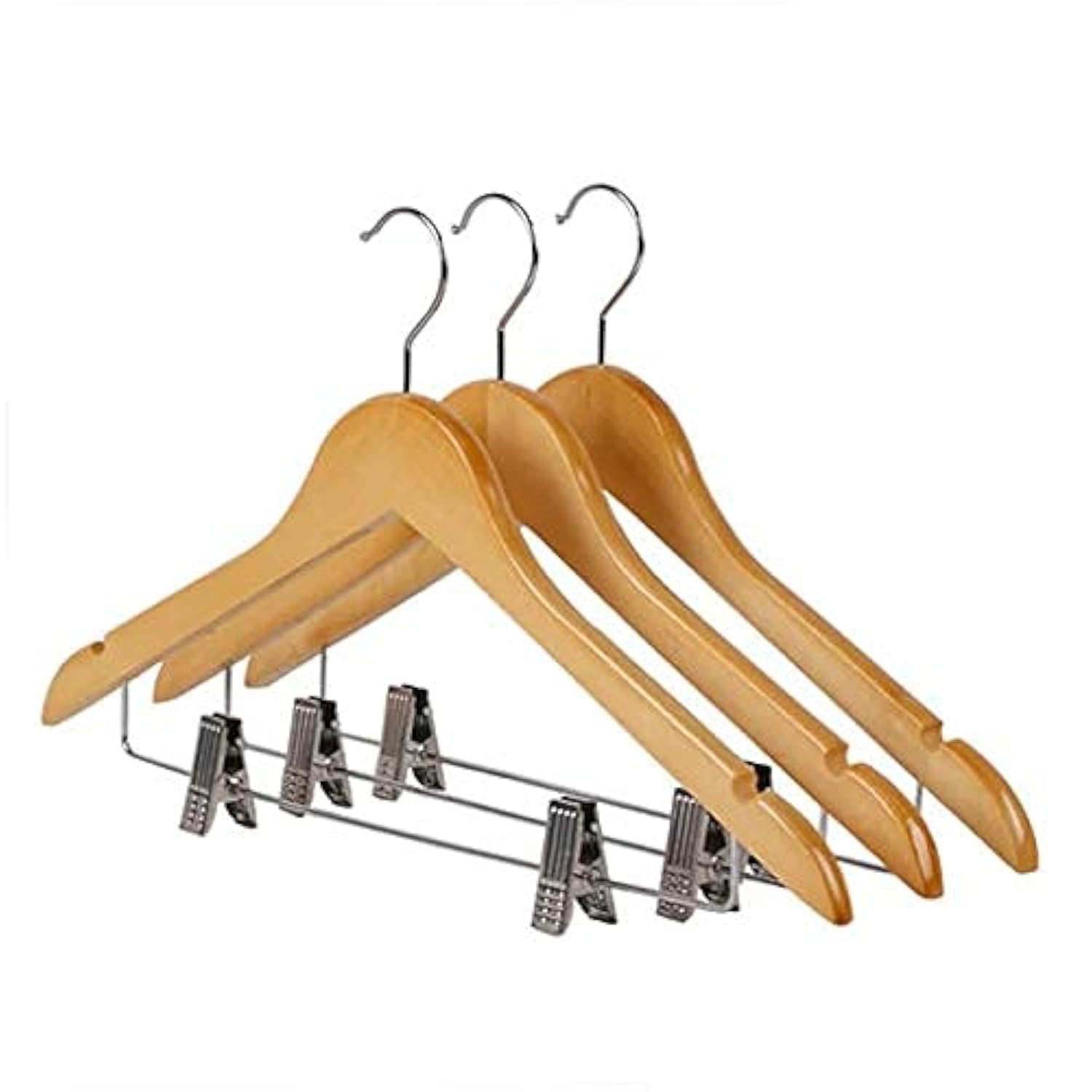 Ganpati Hangers Wood Combo Hanger W/Cushion Clips, Space Saving 17 Inch Flat Wooden Hangers W/Natural Finish & Chrome Swivel Hoo