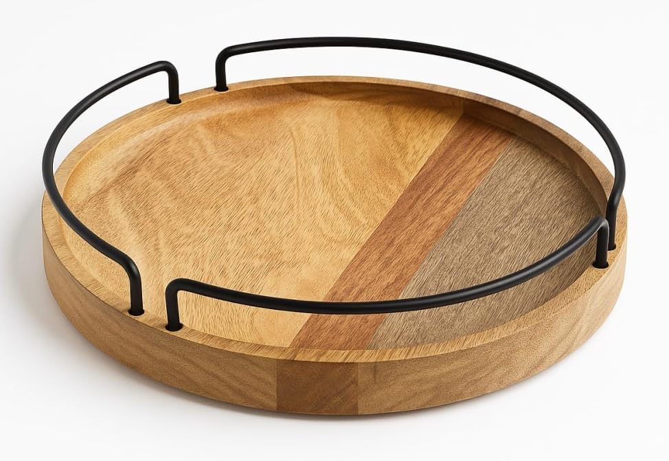 Craft Mshopr Rustic Round Wooden Serving Tray with Iron Handles ? Medium Brown Decorative Coffee Table Tray,Kitchen Decor,Natura