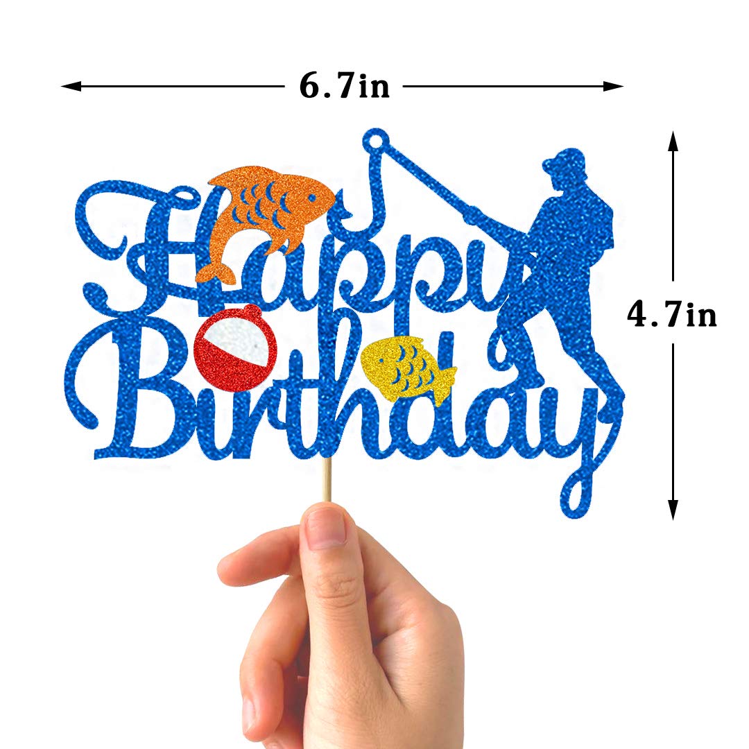 Glorymoment Fishing Cake Toppers Birthday, Glitter Blue Bobber Cake Topper, Fisherman Cake Topper Birthday Fishing Themed Party