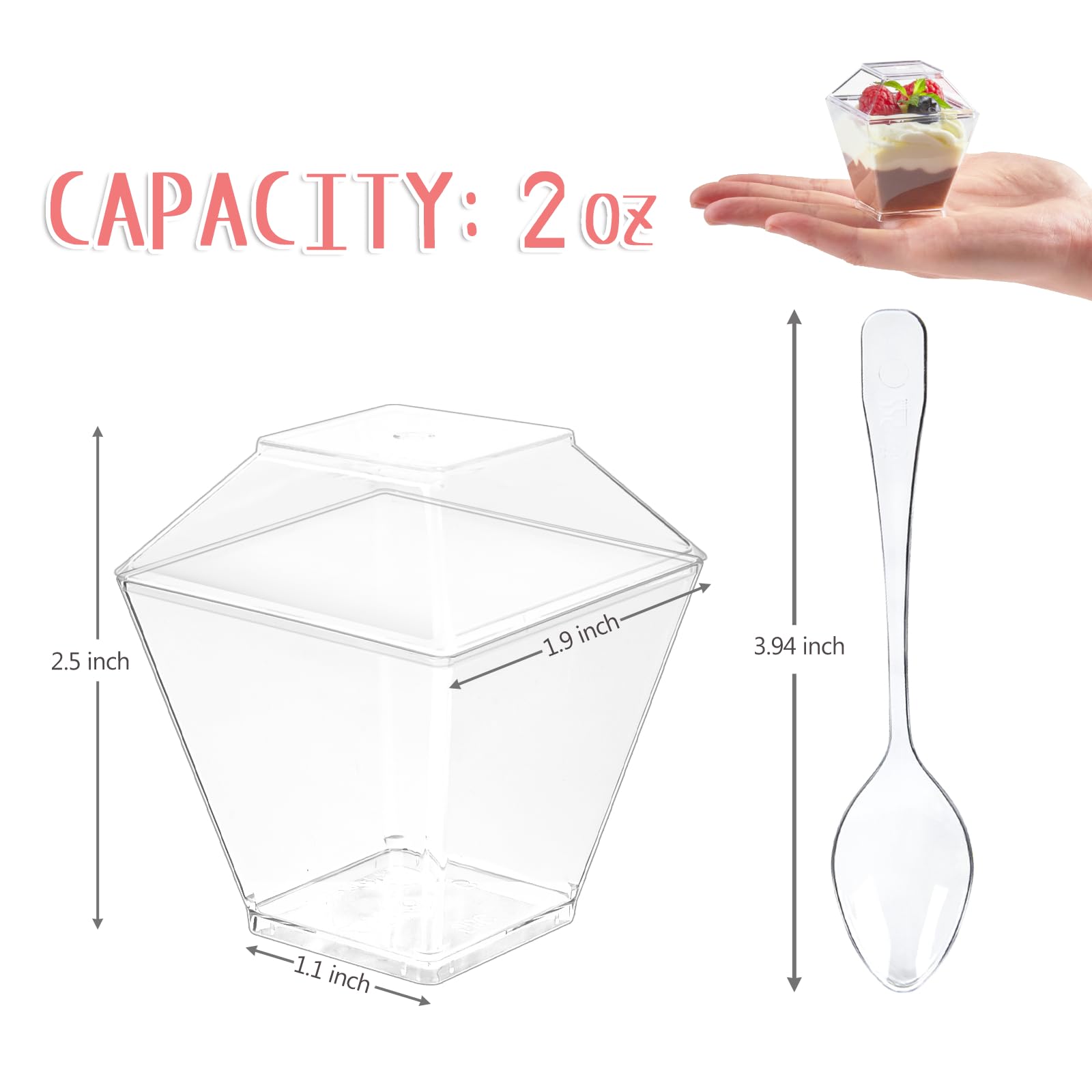 Qeirudu 2 Oz Mini Dessert Cups With Lids And Spoons -100 Pack Plastic Shooter Cups For Desserts Small Square Serving Cups For Pa