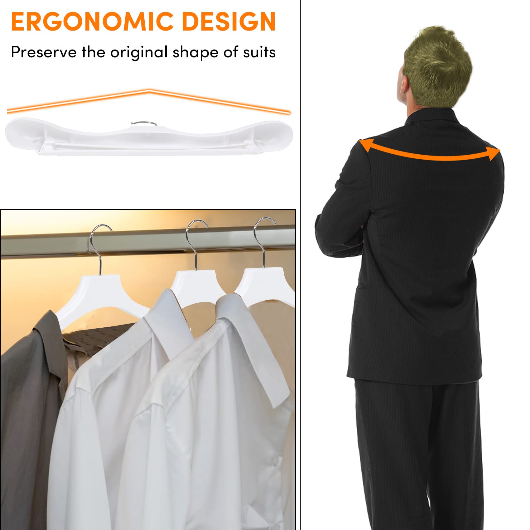 Dedu Suit Hangers For Men 40 Pack, Extra Wide Hangers Non Slip Width 17.7'', White Coat Hangers Thick Plastic With Pants Bar 360