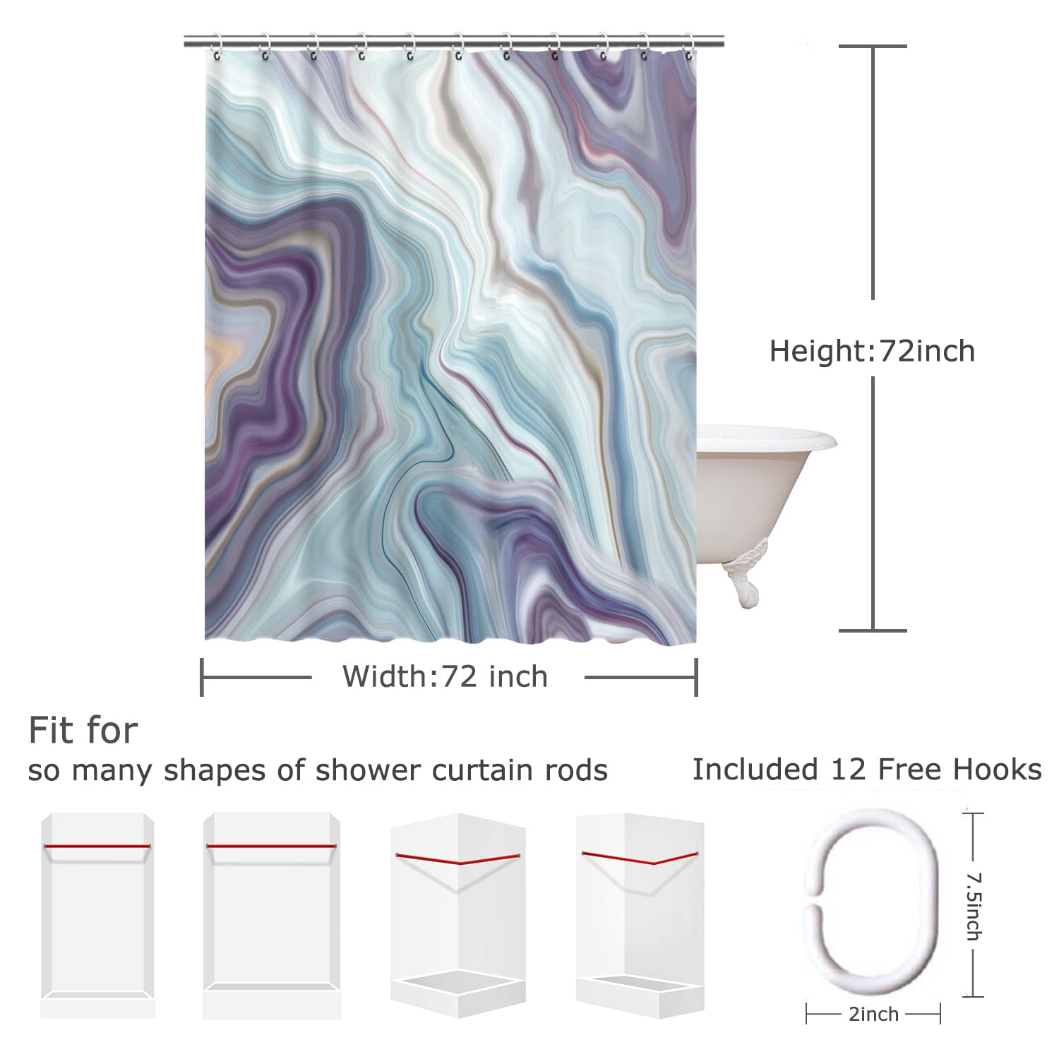 RosieLily Purple Marble Shower Curtain Set, 72"x72", Polyester, Includes 12 Hooks, Blue Abstract Bathroom Decor