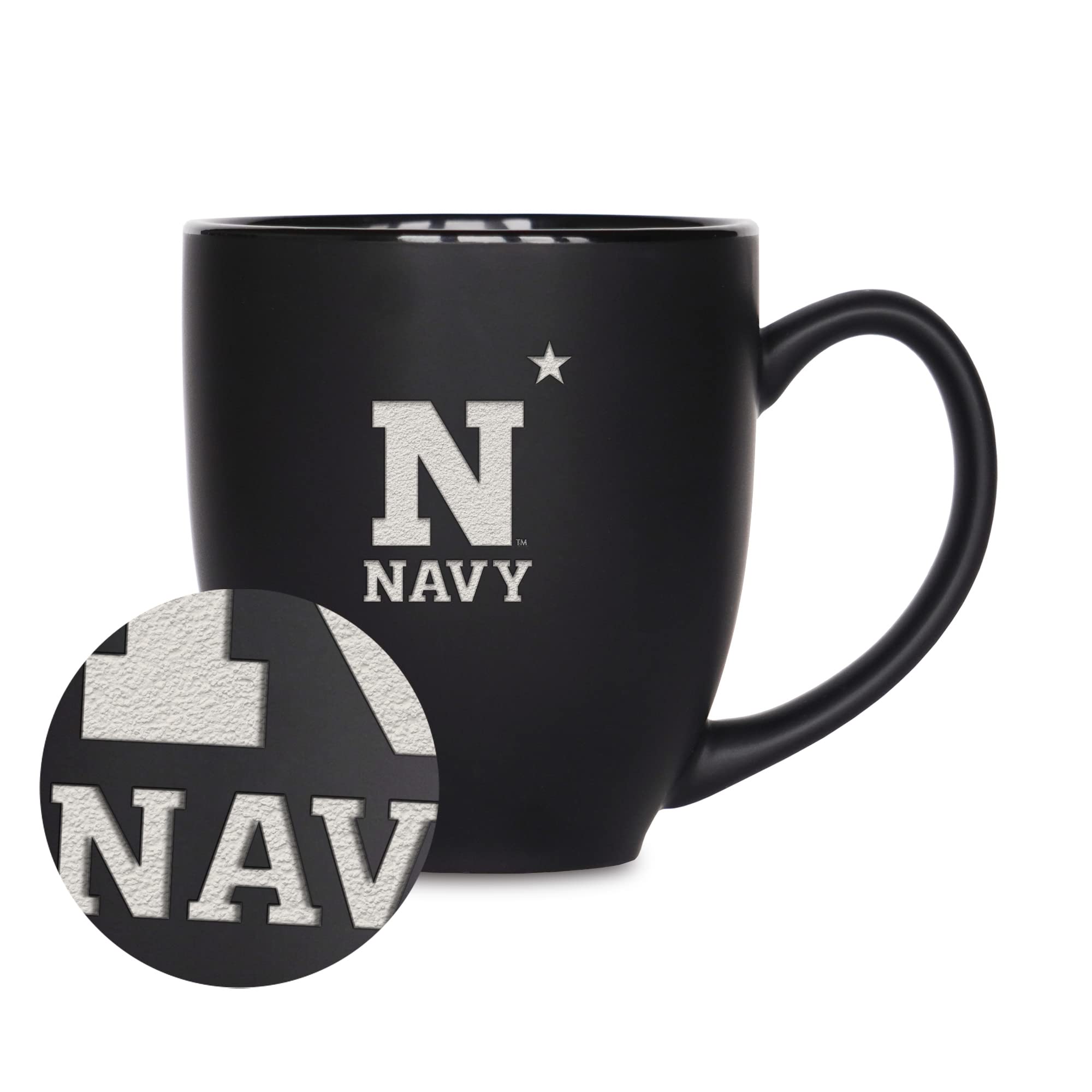 Rico Industries NCAA Naval Academy Midshipmen Main 15oz Laser Engraved Matte Black Ceramic Bistro Mug - For Hot or Cold Drinks