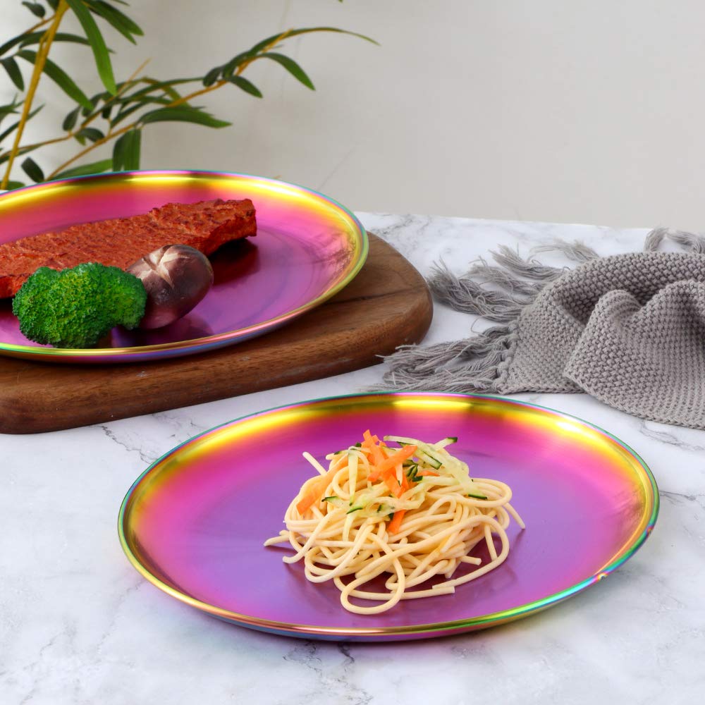 Buyer Star Rainbow Dinner Plates Set,4 Pieces Dishes Stainless Steel Dessert Salad Plate Kitchen Essentials For Home Camping Par