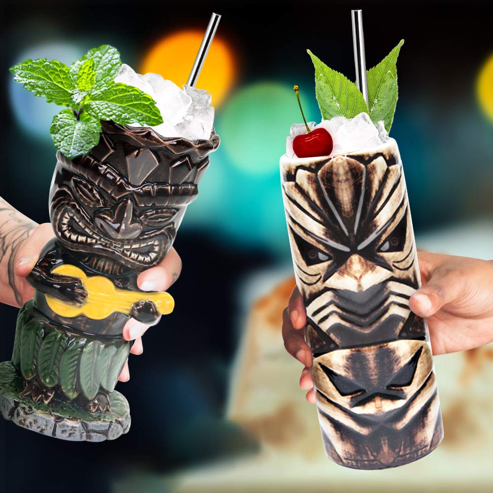 Suprobarware Tiki Mugs Set Of 4- Ceramic Hawaiian Party Mugs Large Drinkware, Tiki Bar Mugs For Cocktails, Tropical Cups Drinks