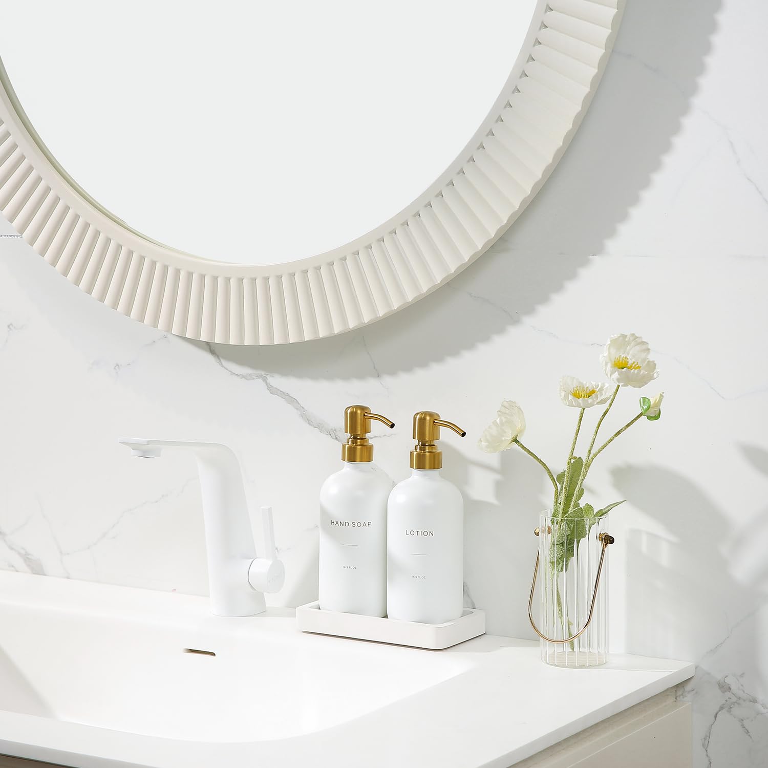Prus Waso Gold Soap Dispenser Bathroom Set, Glass Hand Soap Dispenser, And Lotion Dispenser With Gold Stainless Steel Pump, Perf