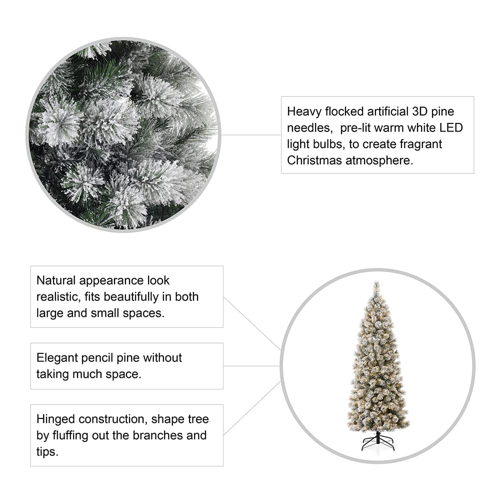 Glitzhome 7.5ft Prelit Christmas Tree, Artificial Christmas Tree with 350 Warm White Lights, Flocked Pencil Christmas Tree and F