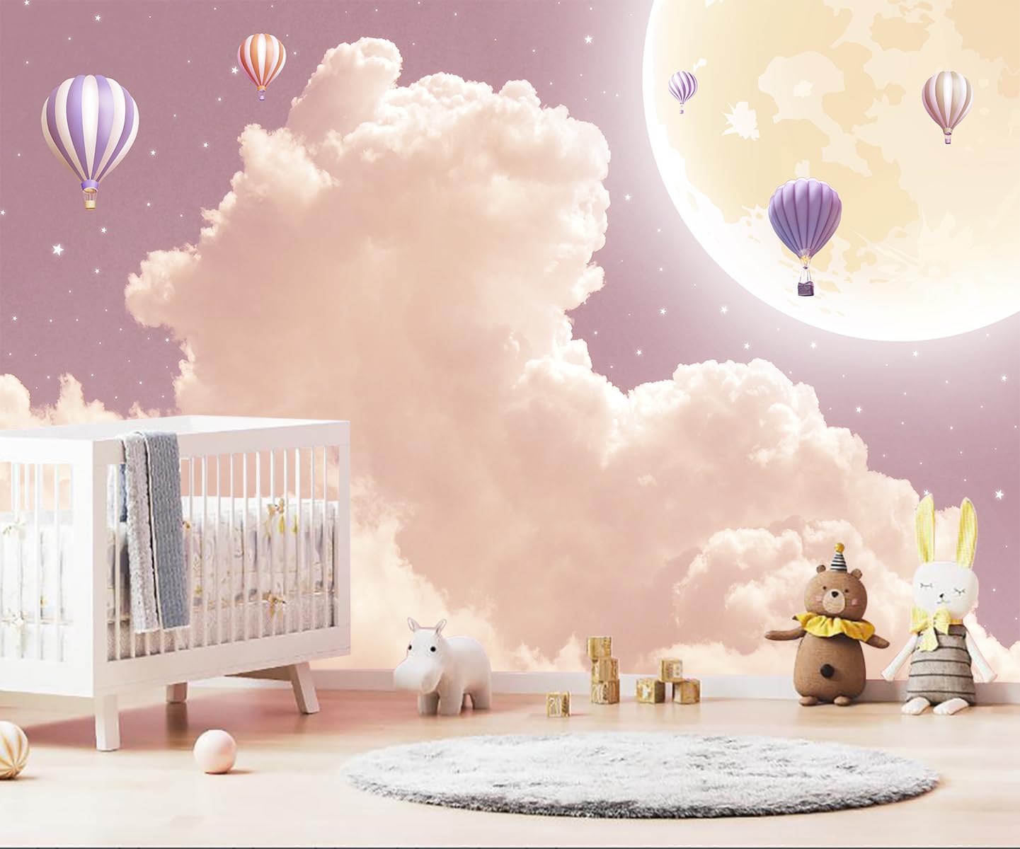 WFBHUA - Pink and Purple Clouds Wallpaper Hand-Painted Hot Air Balloons Moon Wall Mural for Childrens Room Girls Room (Not Peel