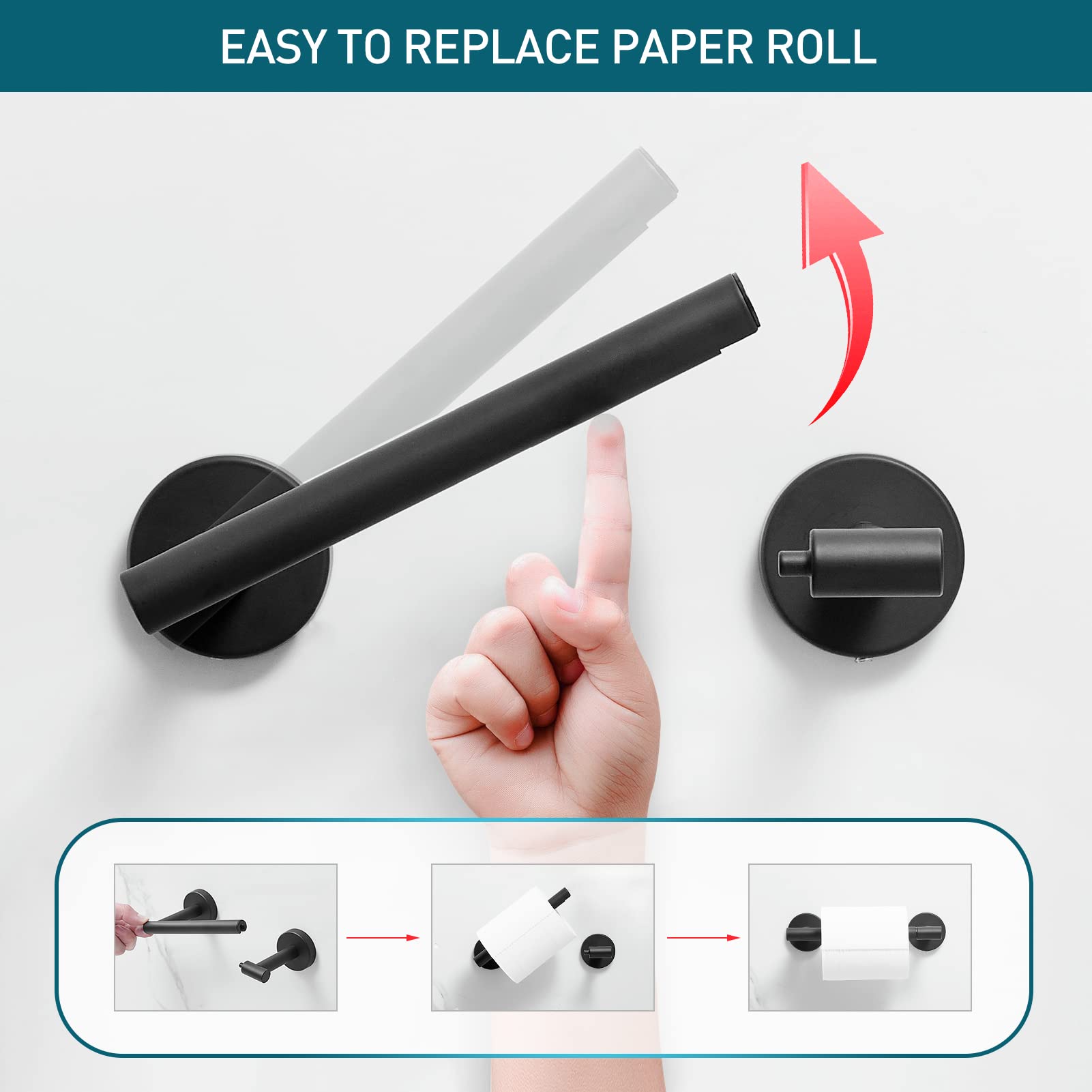 POKIM Black Toilet Paper Holder - Metal Bathroom Flexible Pivoting Tissue Handle on Wall Mounted  SUS 304 Stainless Steel Adjustable TP Large Mega Roll Holder for Wooden Cabinet Classic Matte