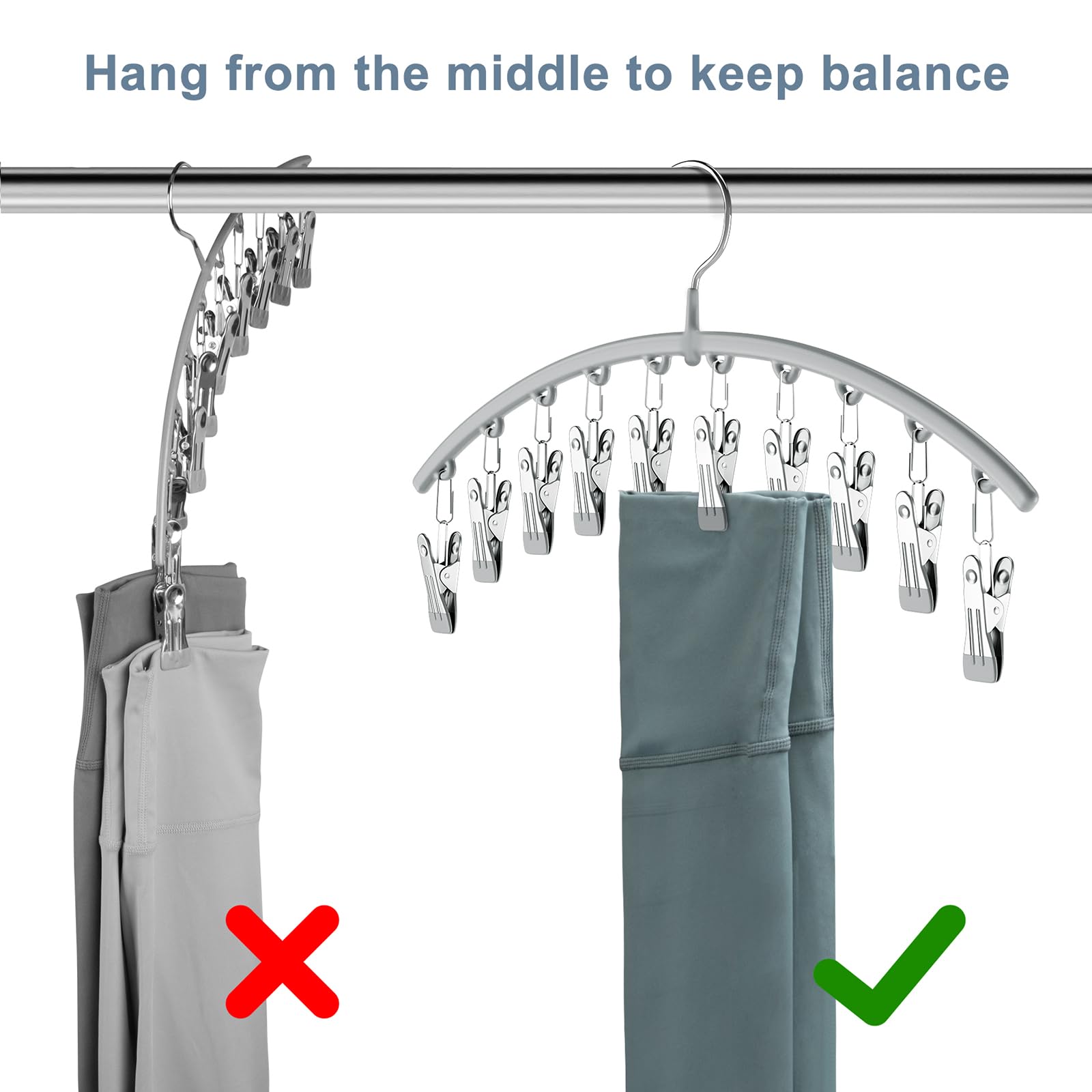 Volnamal Legging Organizer - Metal Yoga Pants Hanger with 10 Clips, Space-Saving Closet Storage, Gray, 1 Pack