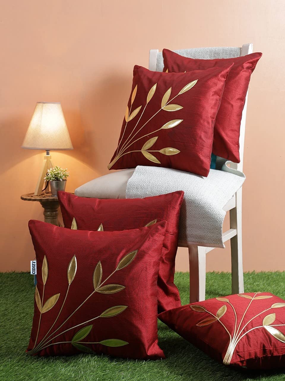 Urvaan Maroon Silk Golden Floral Cushion Cover, 16X16 Inch, Set Of 5