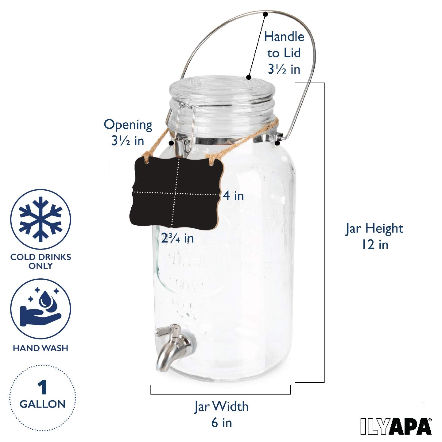 Outdoor Glass Beverage Dispenser with Stainless Steel Spigot  Handle & Hanging Chalkboard - 1 Gallon Drink Dispenser for Lemonade  Tea  Cold Water | Ilyapa is an American Family-Owned Business