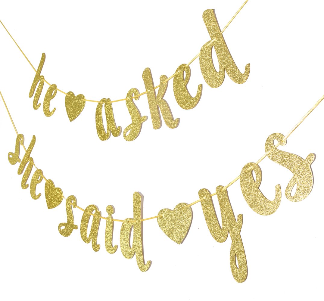 He Asked She Said Yes Gold Glitter Banner - Wedding, Engagement, Bridal Shower Party Decorations
