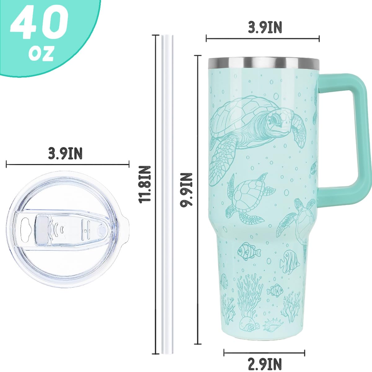 Nqhsionv Sea Turtle Tumbler with Handle and Straw 40 oz Turtle Cup Hawaiian Ocean Turtles Coffee Travel Mug Stainless Steel Insu