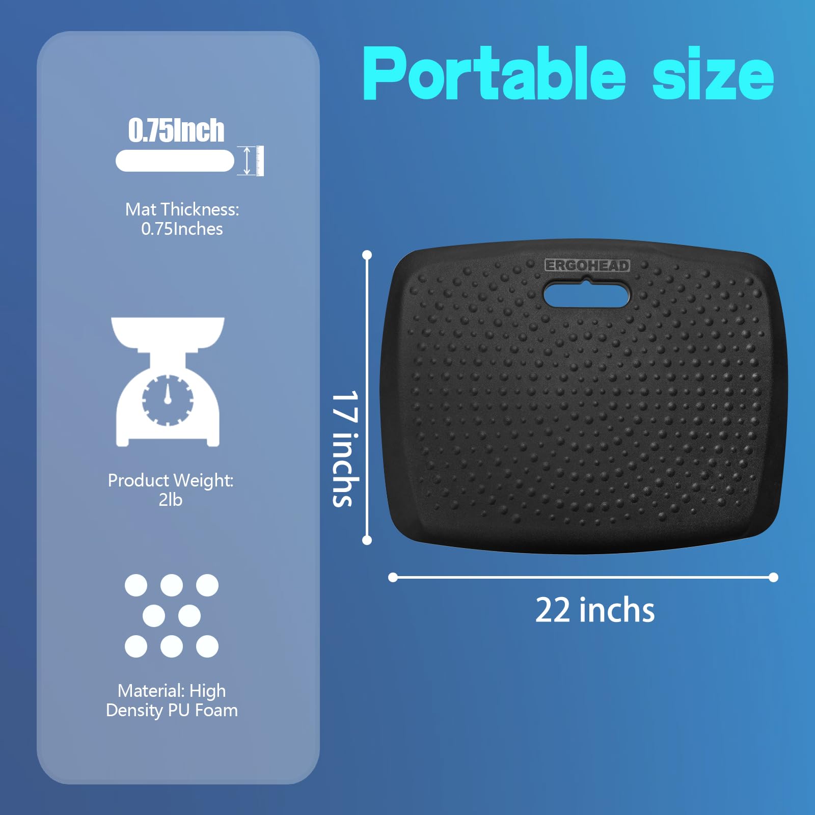 Ergohead Anti Fatigue Kitchen Floor Mat Comfort Standing Mat, Portable Office Standing Desk Mat, Multi-Purpose Kitchen Rug, Buil