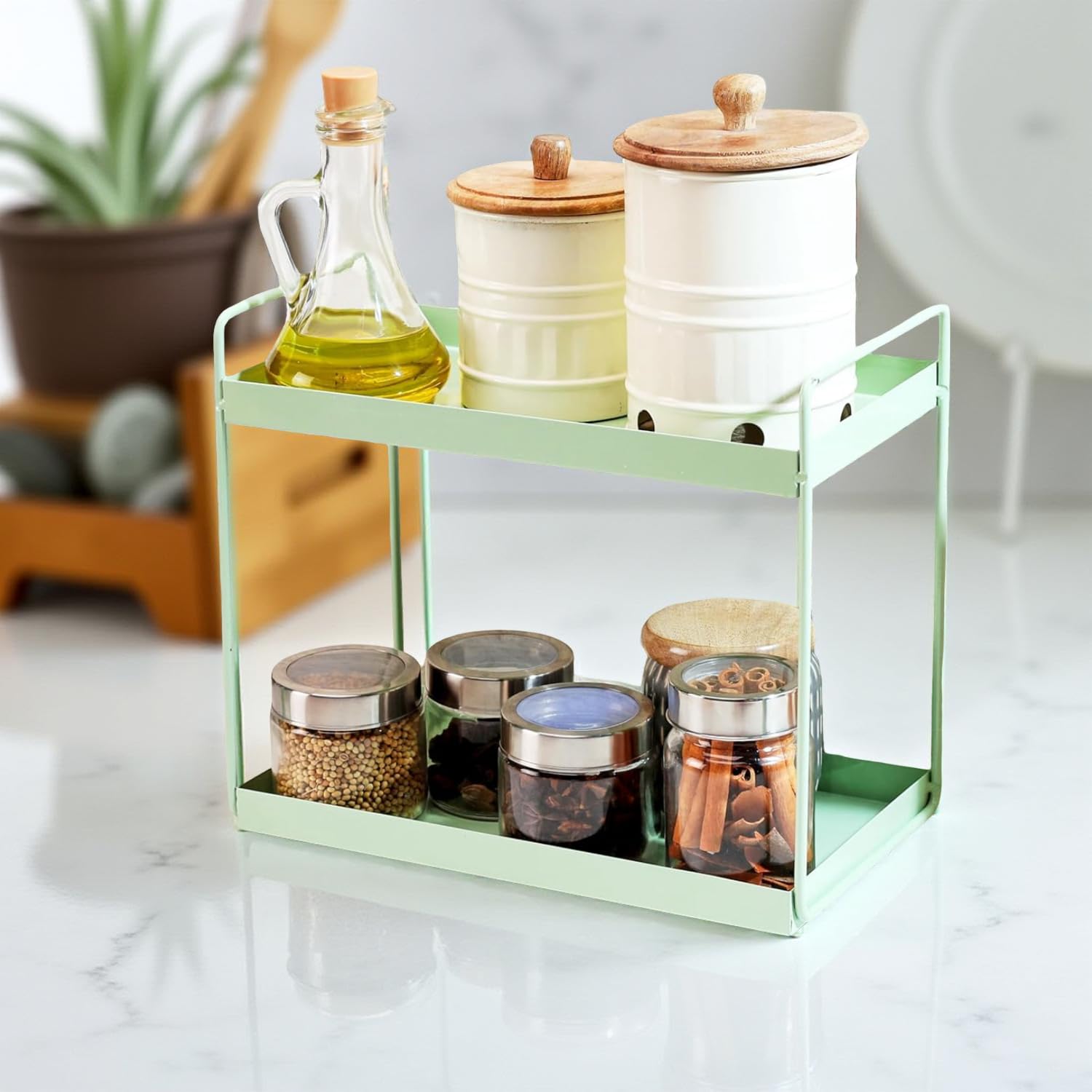 Ivaza Stylish 2-Tier Black Metal Spice Rack - Versatile Organizer For Countertops, Cabinets, Or Desks | Eco-Friendly & Easy Asse