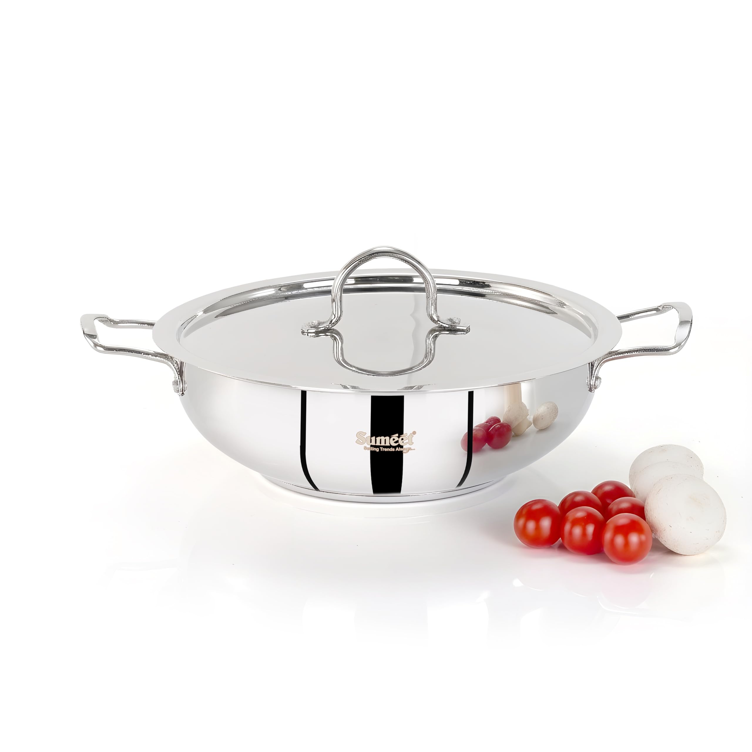 Sumeet ISI Certified Stainless Steel Kadai with Steel Lid & Encapsulated Heavy Bottom |Induction and Gas Compatible | 2.3Ltr Capacity - 24cm Dia  Silver