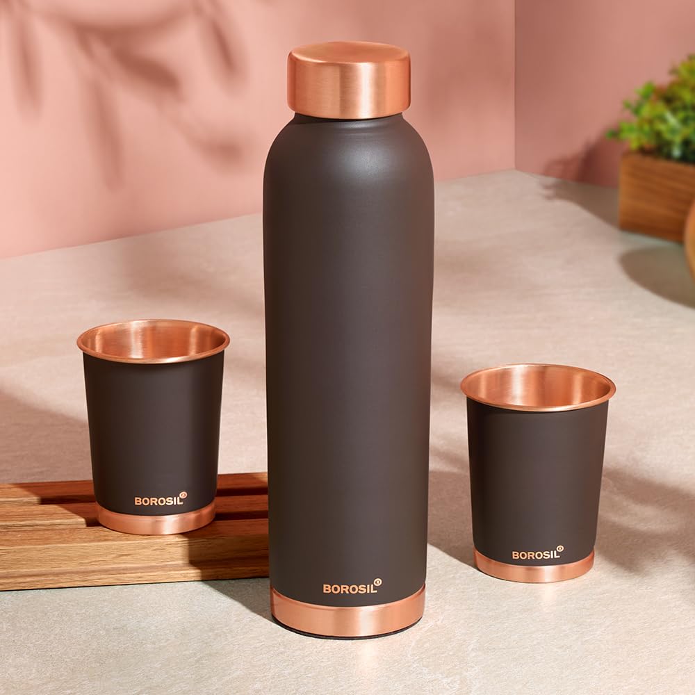 Borosil Eco Copper Bottle With Glass Set | 1L Bottle With 2 Tumbler (250 Ml Each) | 100% Pure Copper With AntiOxidant Propertie