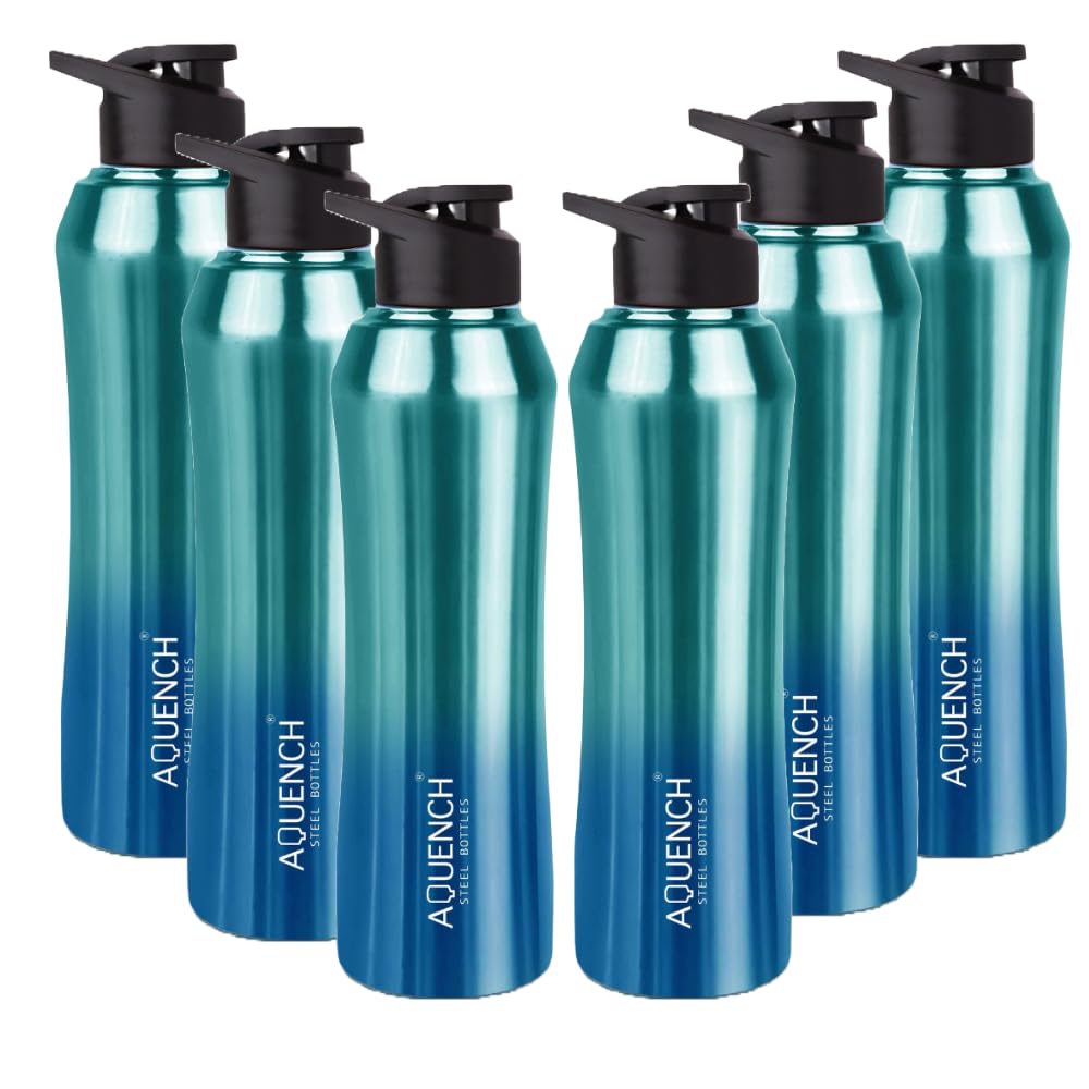 Aquench Stainless Steel Water Bottle, 1 Litre Capacity, Turquoise Gradient, Leak-Proof Sipper Cap (Pack Of 6, Turquoise)