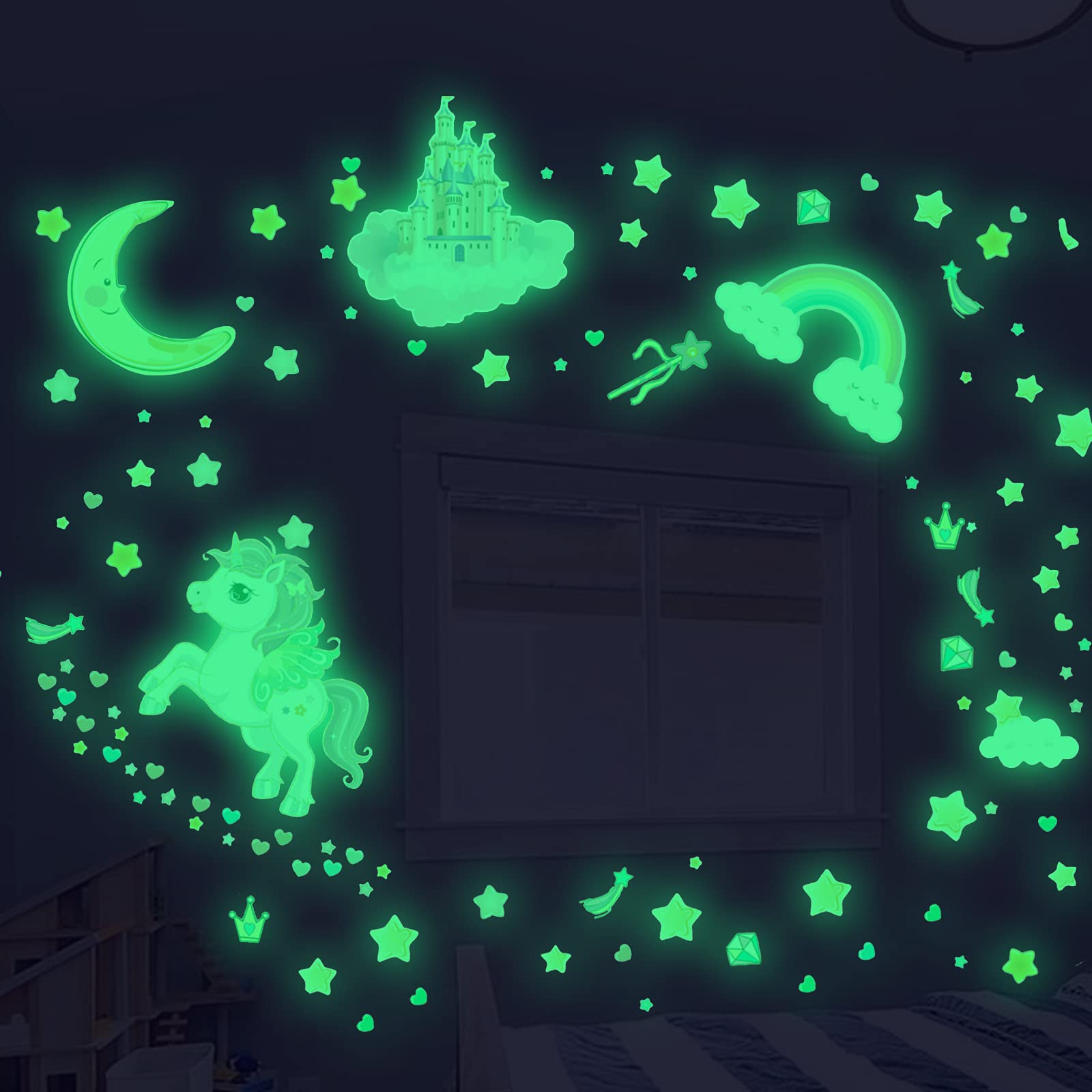 Glow in The Dark Stars and Unicorn Wall Decals  Glowing Castle Moon and Rainbow Stickers  174 pcs Luminous Ceiling Decor for Kids Bedroom  Great Wall Decor for Girls and Boys Gift