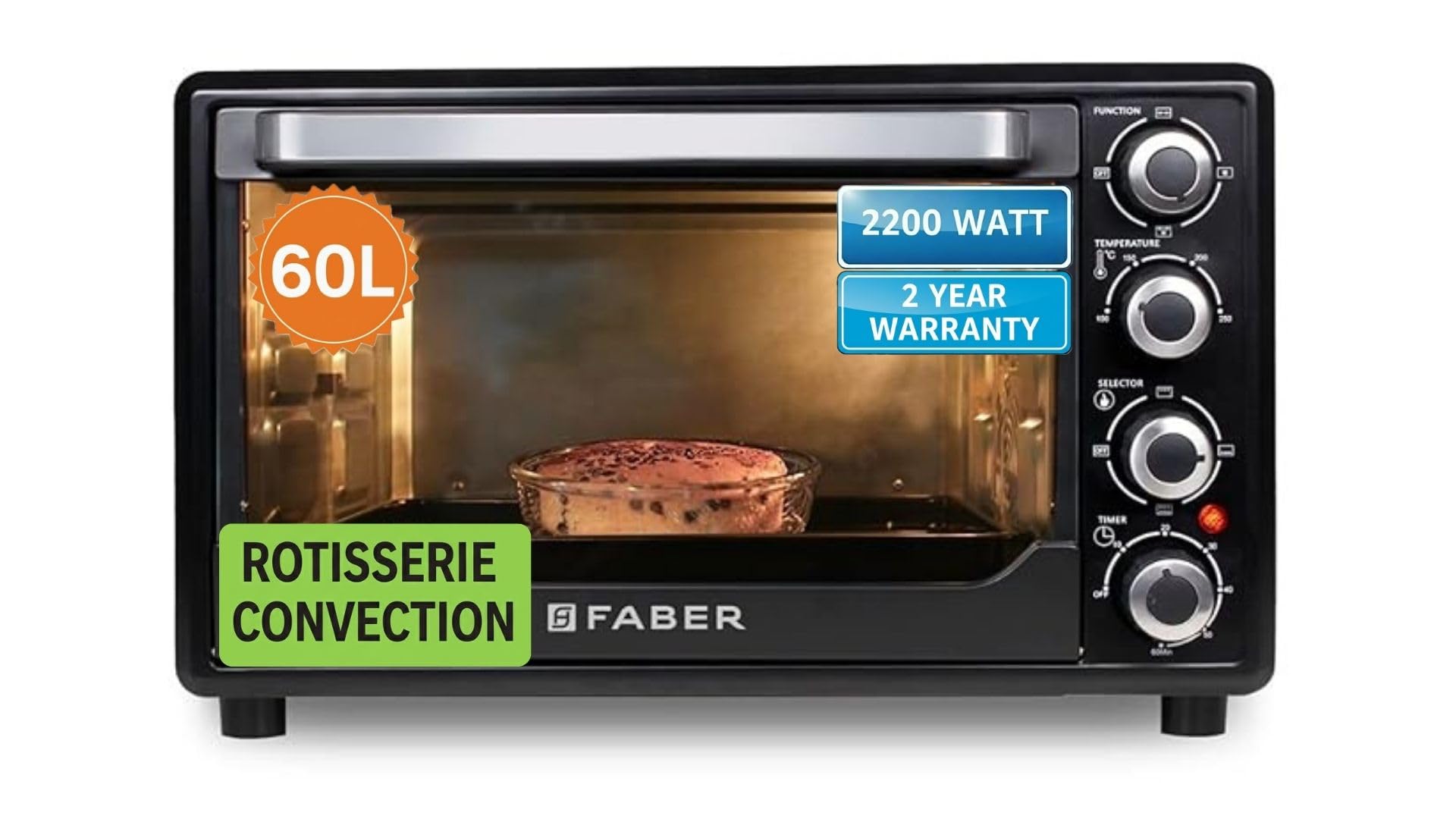 Faber 60L 2200W Otg | Bake, Toast, Roast, Grill | 4 Heating Functions, Upper & Lower Heating, Rottisserie, 360 Convection| Indic