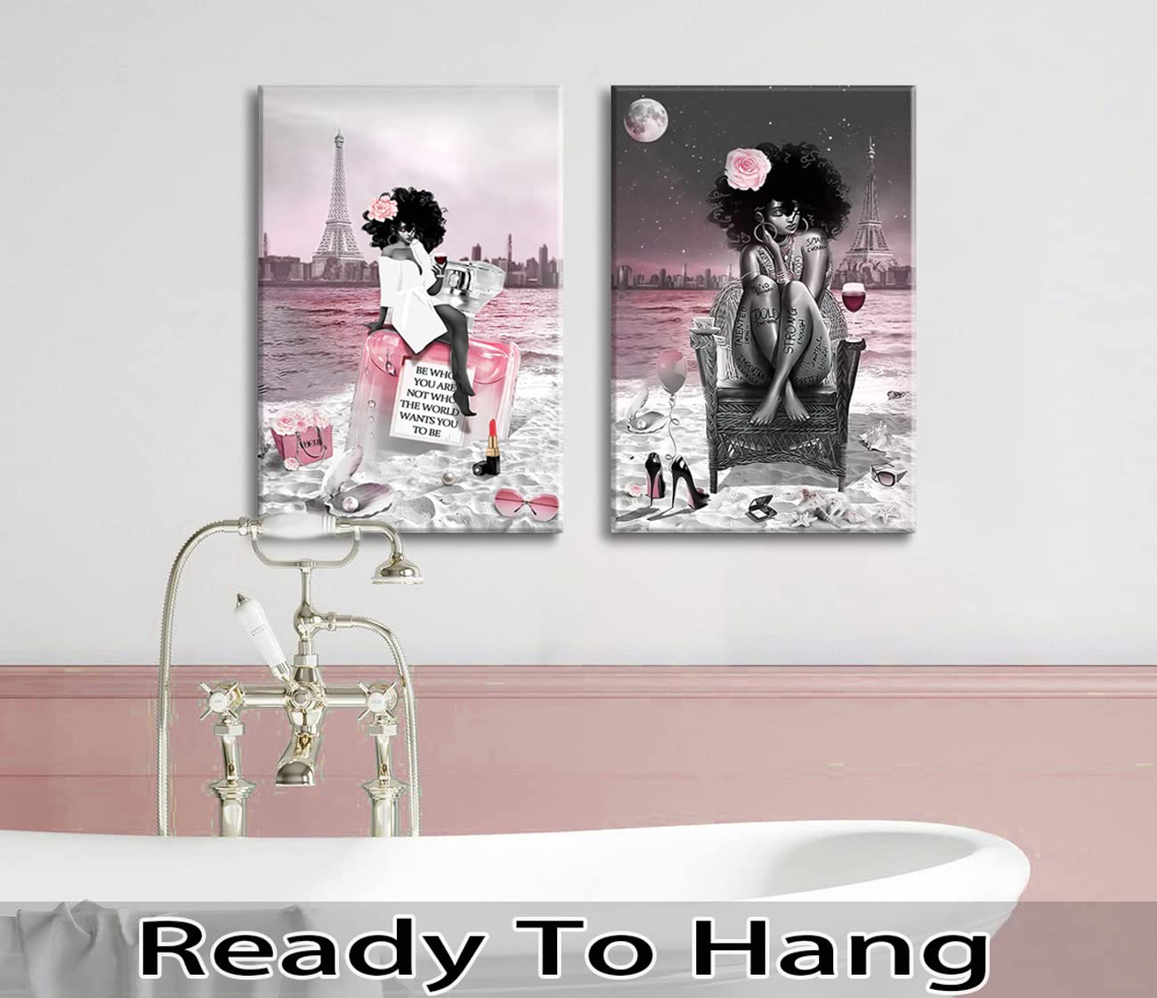 2 Pieces Framed African American Black Girl Canvas Wall Art Decor Fashion Modern Women Pictures Prints Painting Pink And Black B