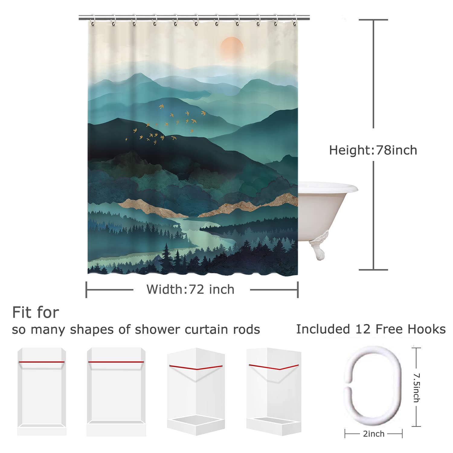 Rosielily Mountain Shower Curtain, Teal Shower Curtain For Bathroom, Cool Shower Curtain Nature Shower Curtain Hooks, Watercolor