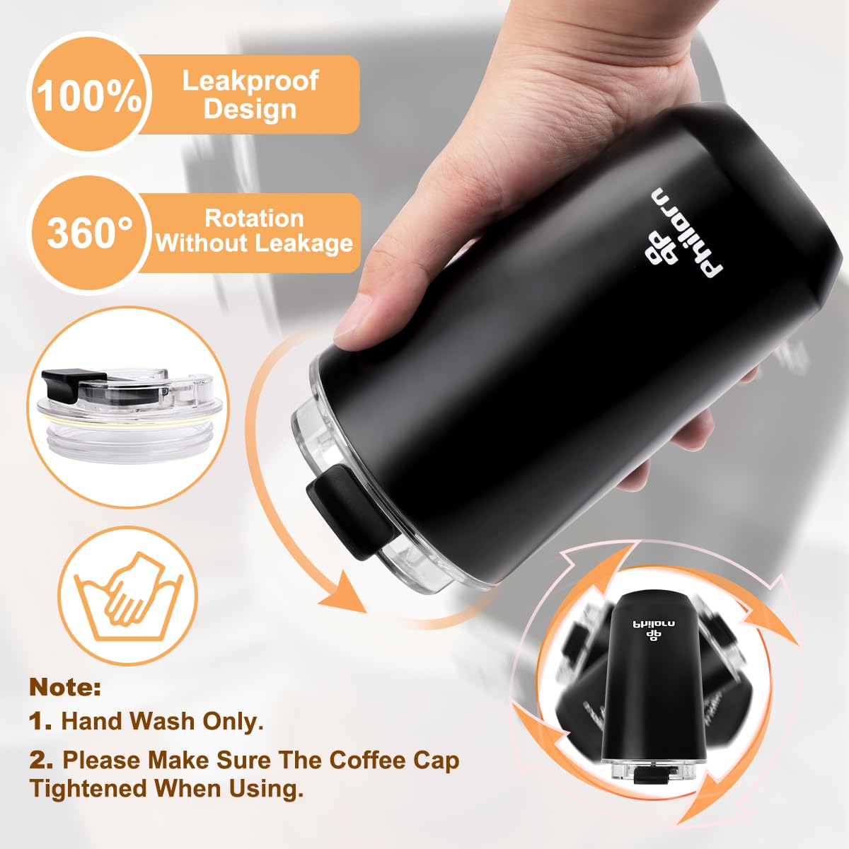 PHILORN Travel Coffee Mug Spill Proof -12 OZ Insulated Coffee Mug With Lid  Black Stainless Steel Coffee Mug with Double Wall  Coffee Cup For Hot and cold Drinks