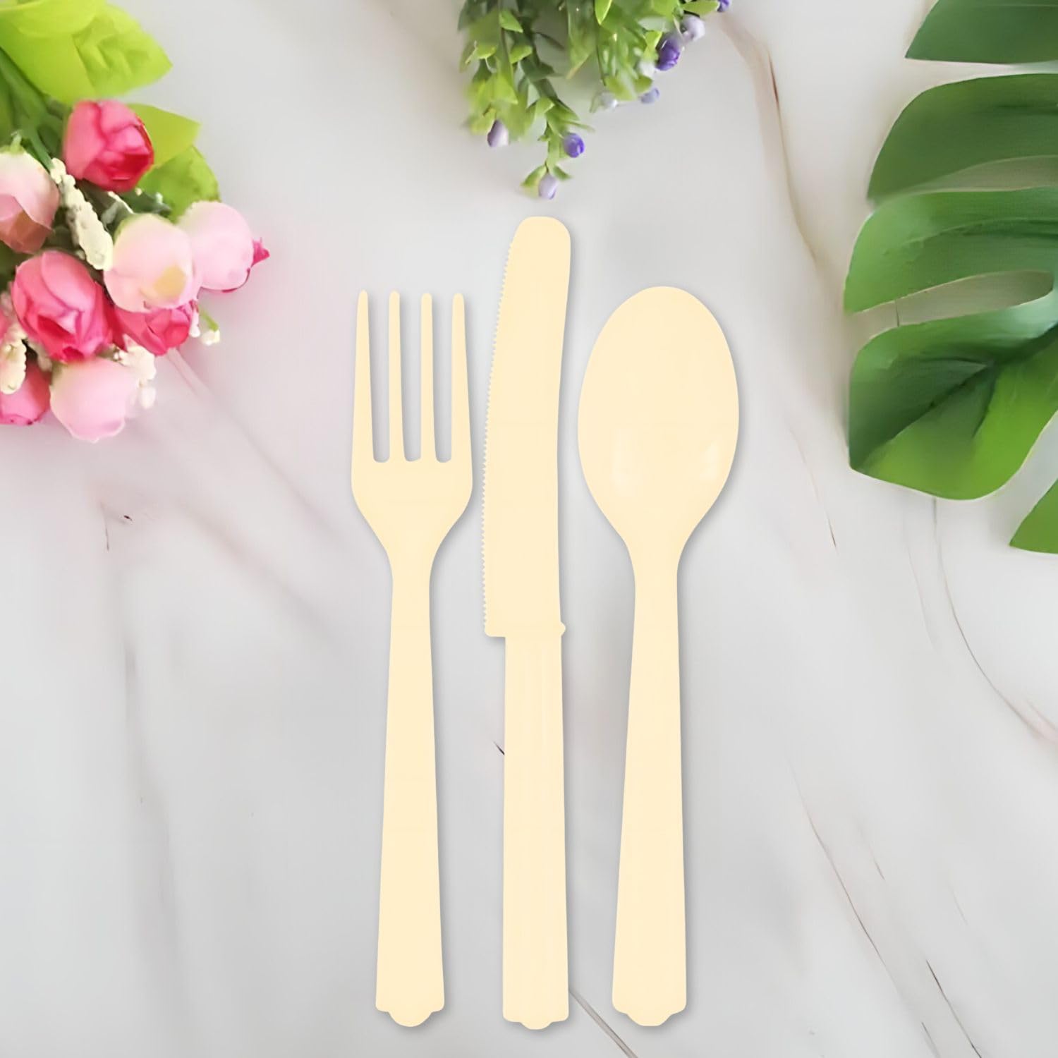 Elegant Vanilla Creme Plastic Cutlery (24-Pack) - Durable Multi-Purpose Design Cutlery Pieces - Ideal For Any Event