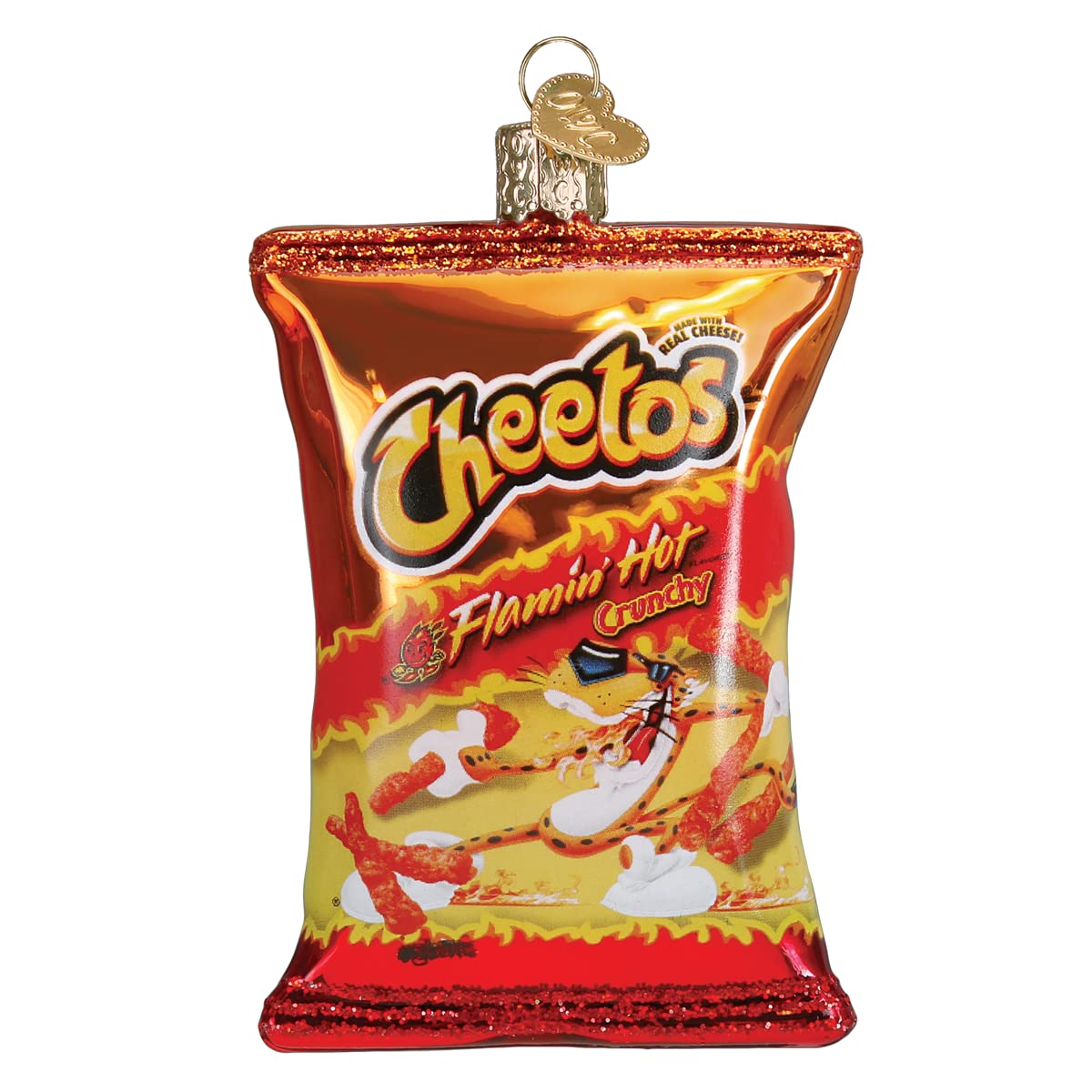 Old World Christmas Flamin  Hot Cheetos Glass Blown Ornament for Christmas Tree, Handcrafted Holiday Decoration, Snack Collectio