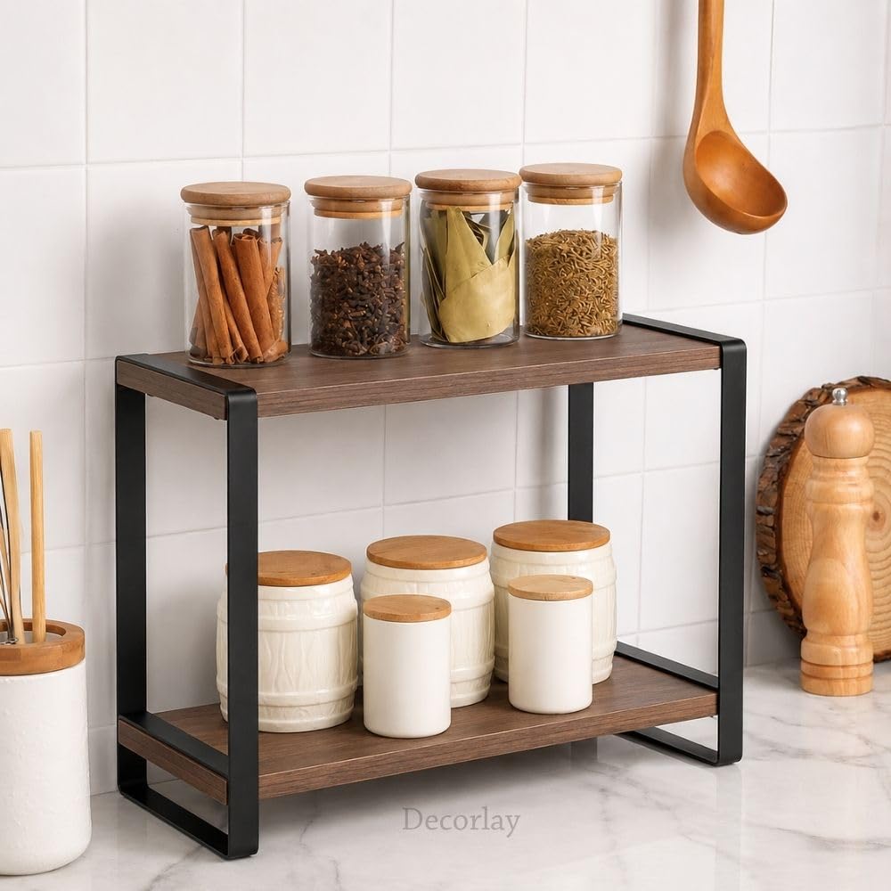 Decorlay Metal & Wooden Spice Rack Organizer Space Saver CounterTop Storage For Kitchen, Bathroom, Office, And Cosmetics (Brown