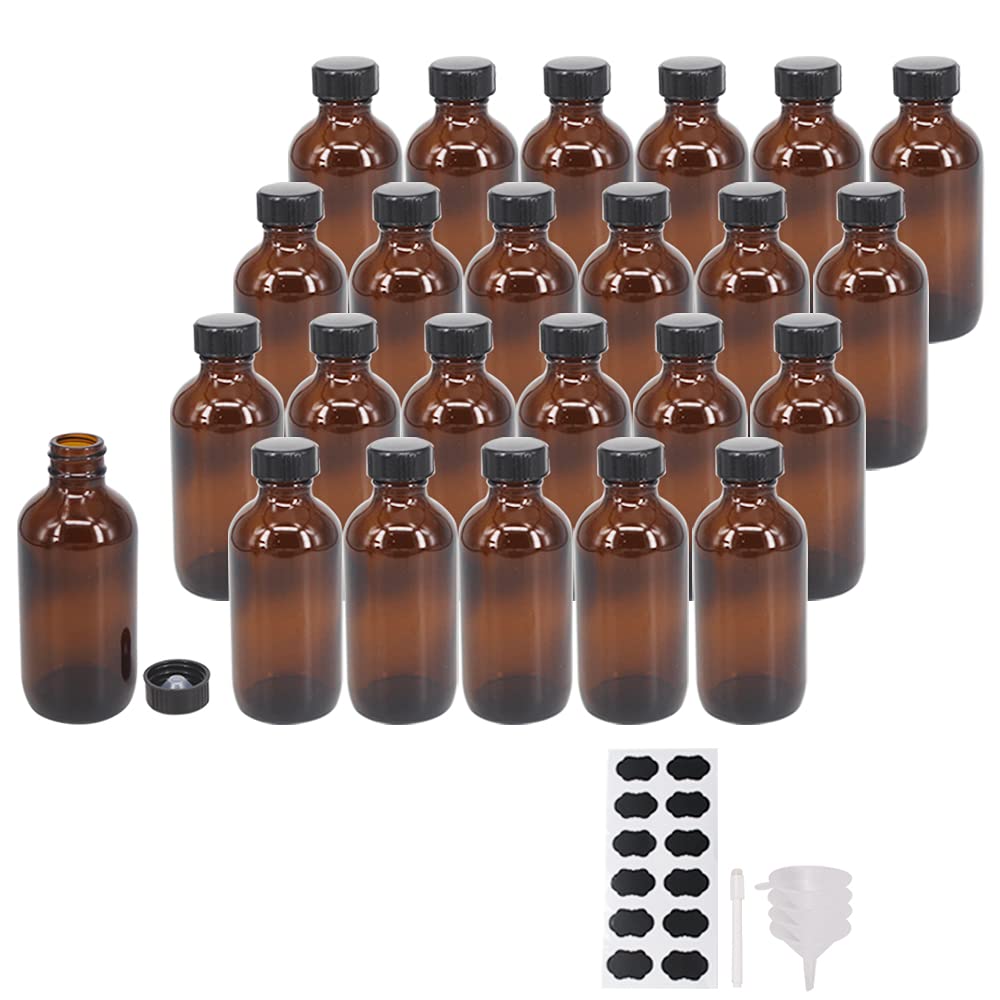 Bpfy 24 Pack 4 Oz Amber Boston Glass Bottle With Black Poly Cap, Funnel, Chalk Labels, Pen For Homemade Vanilla Extract, Essenti