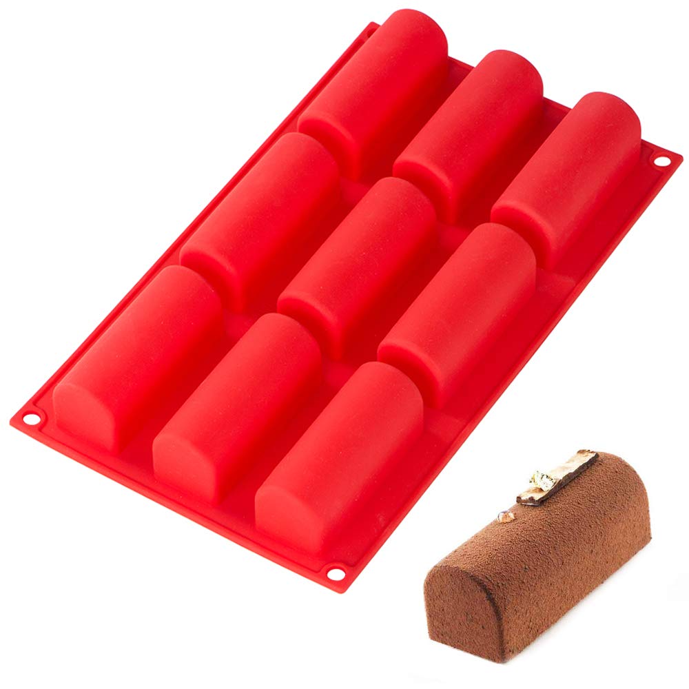 Webake Twinkie Pan Silicone Mini Log Cake Mold For 3D Cylinder Mousse, Diy Pudding Cake Molds Oblong 9 Cavity (Red)