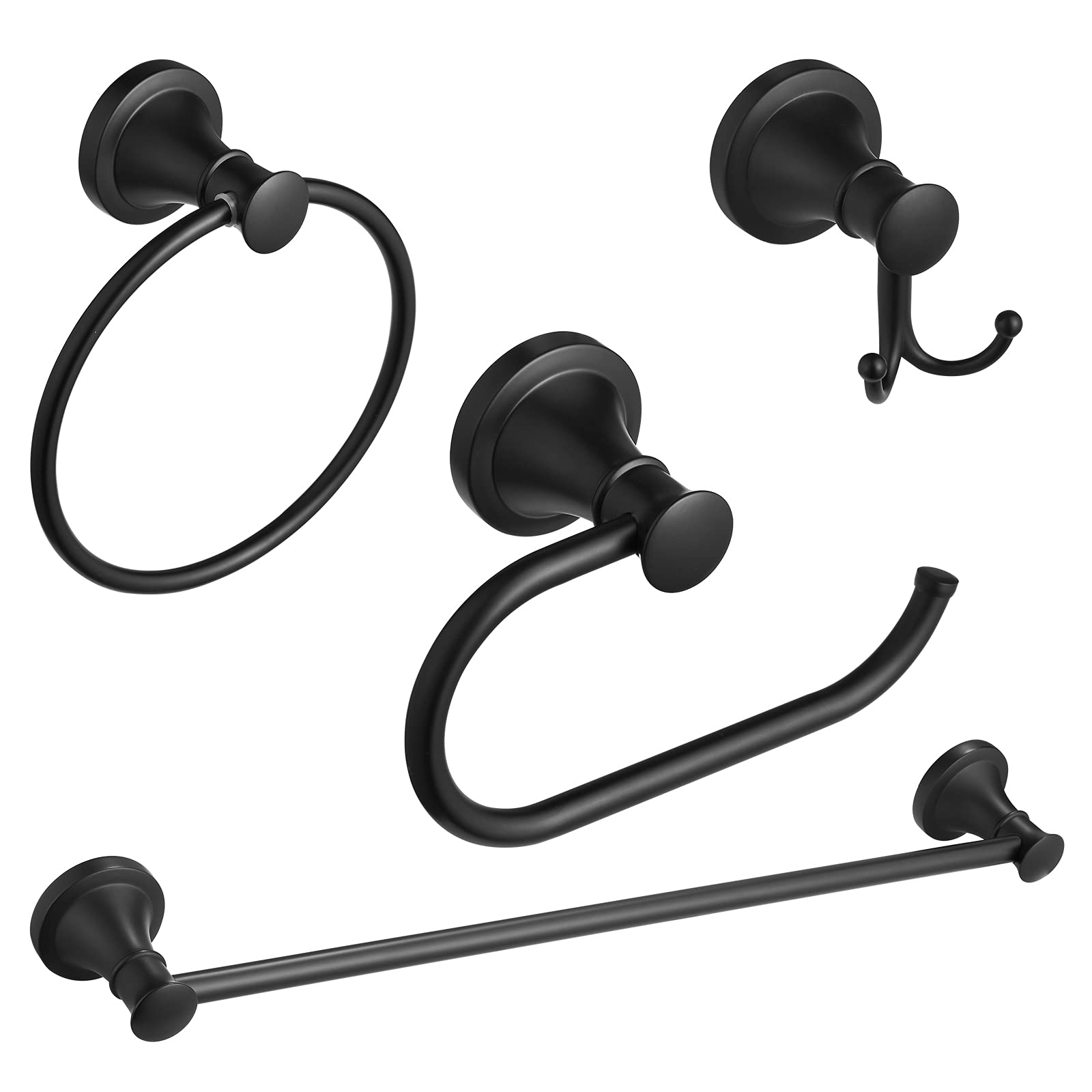 Besy Matte Black 4 Piece Bathroom Accessories Set (Single Towel Bar, Towel Ring, Toilet Paper Holder, Double Towel Hooks), Wall