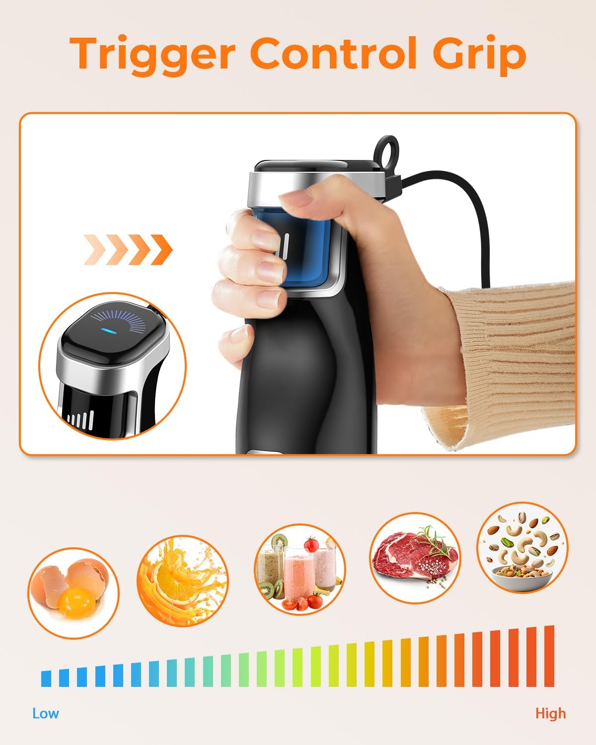 Koios Immersion Blender, 1100W Trigger Variable Speed Hand Blender, 5-In-1 Immersion Blender Handheld, Anti-Scratch Stick Blende