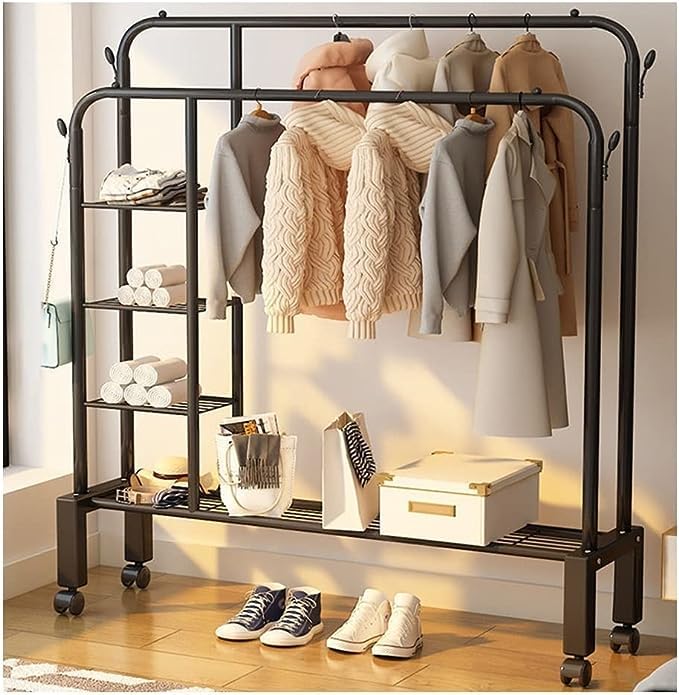 Homecloud Cloth Drying Stand | Multipurpose Dual Rod + Wheels Garments Rack With Bottom Shelf For Coat Hanger Home, Storage Orga