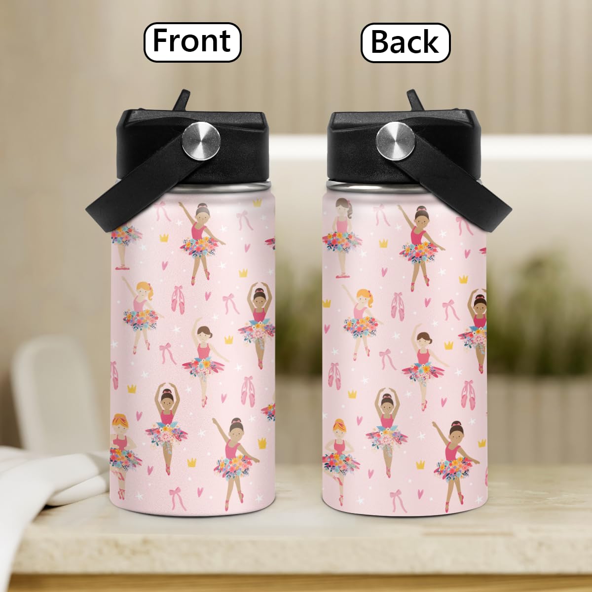 Kids Water Bottle Ballet Water Bottles 12Oz With Straw Insulated Stainless Steel Travel School Tumbler Double Wall Vacuum Cup Fo