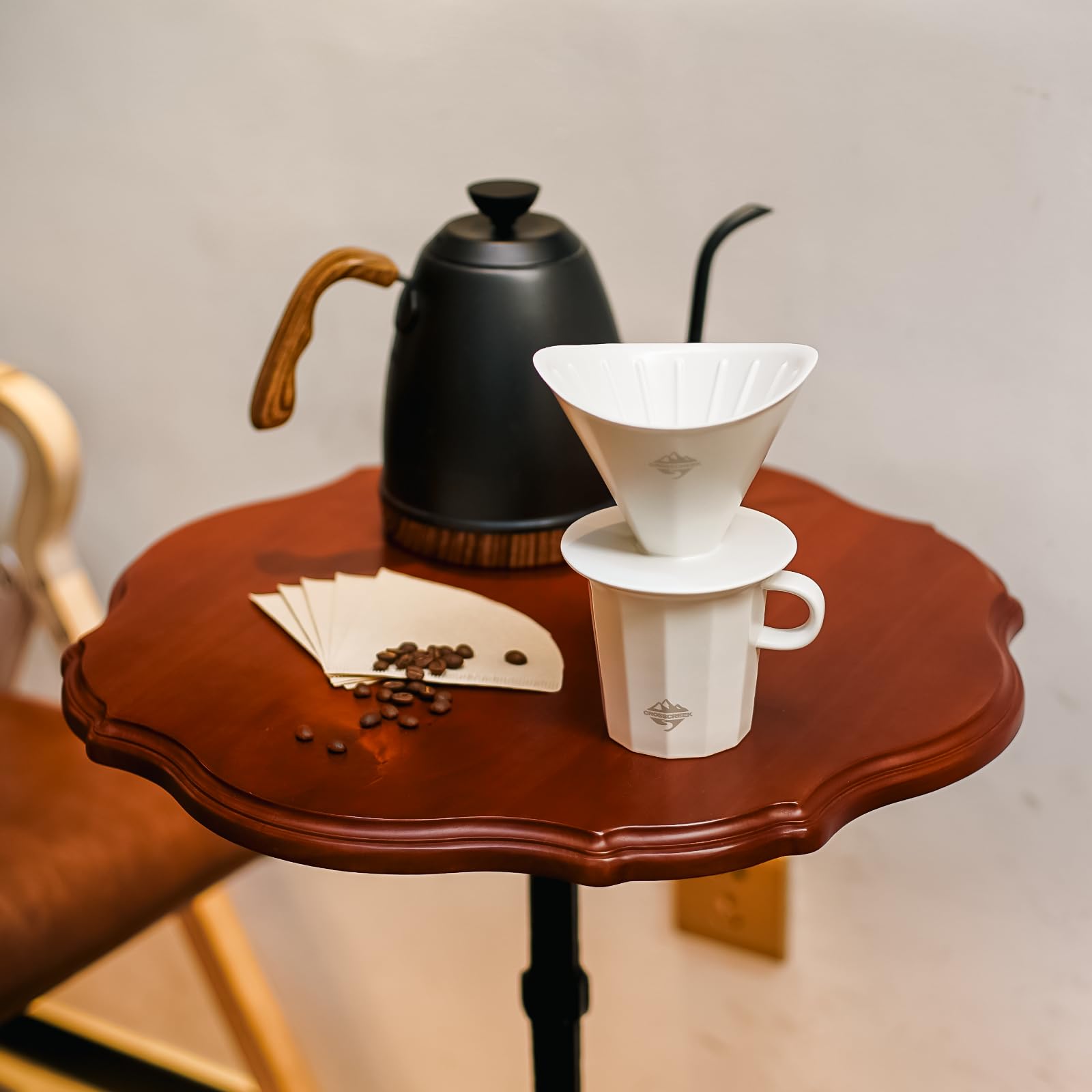 Crosscreek Pour Over Coffee Maker Set, White Ceramic Coffee Dripper With V60 Paper Filter, White Ceramic Streamline Coffee Mug F