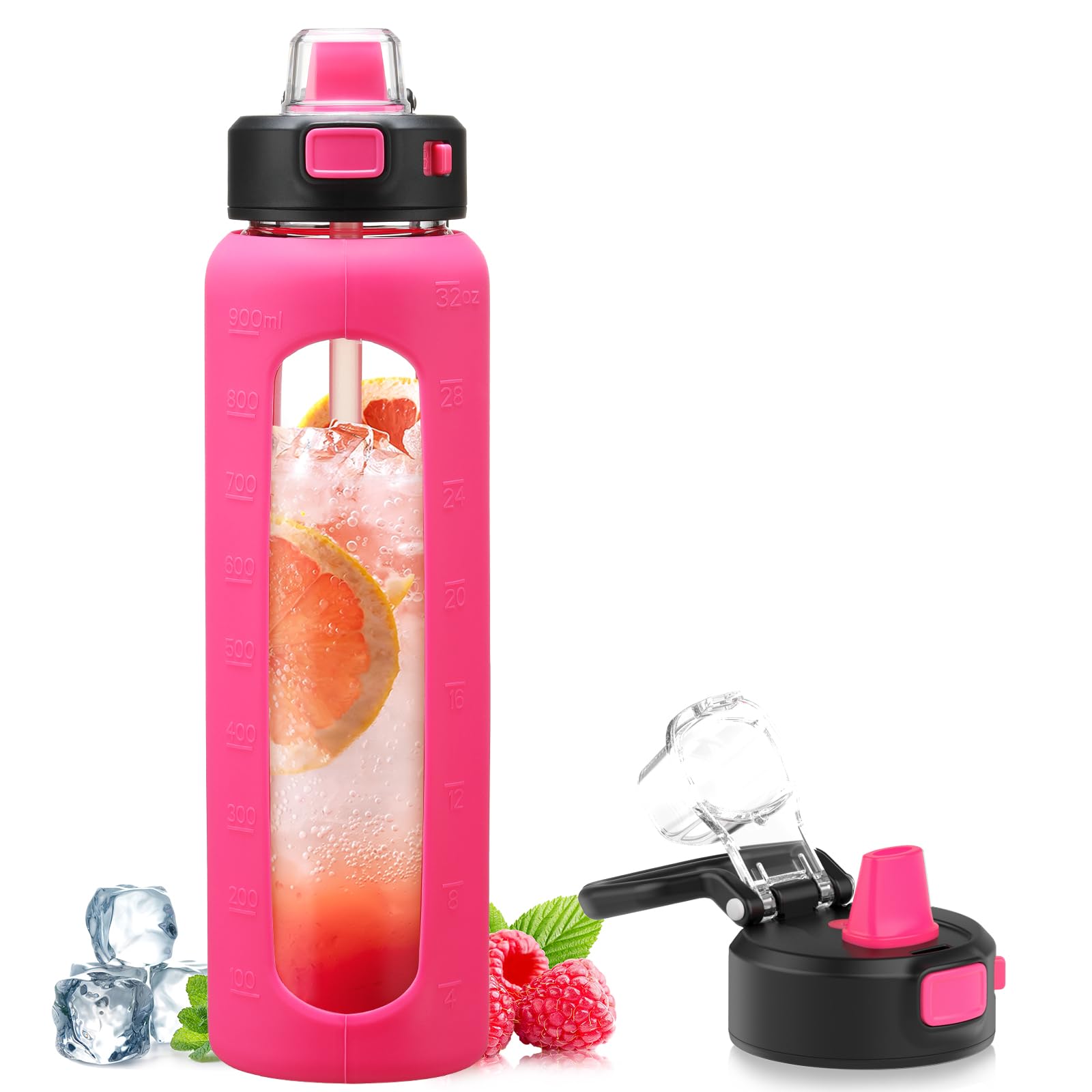 Kodrine 32 oz Glass Water Bottle with Soft Silicone Spout, Locking Lid, and Carry Loop, Rose Red
