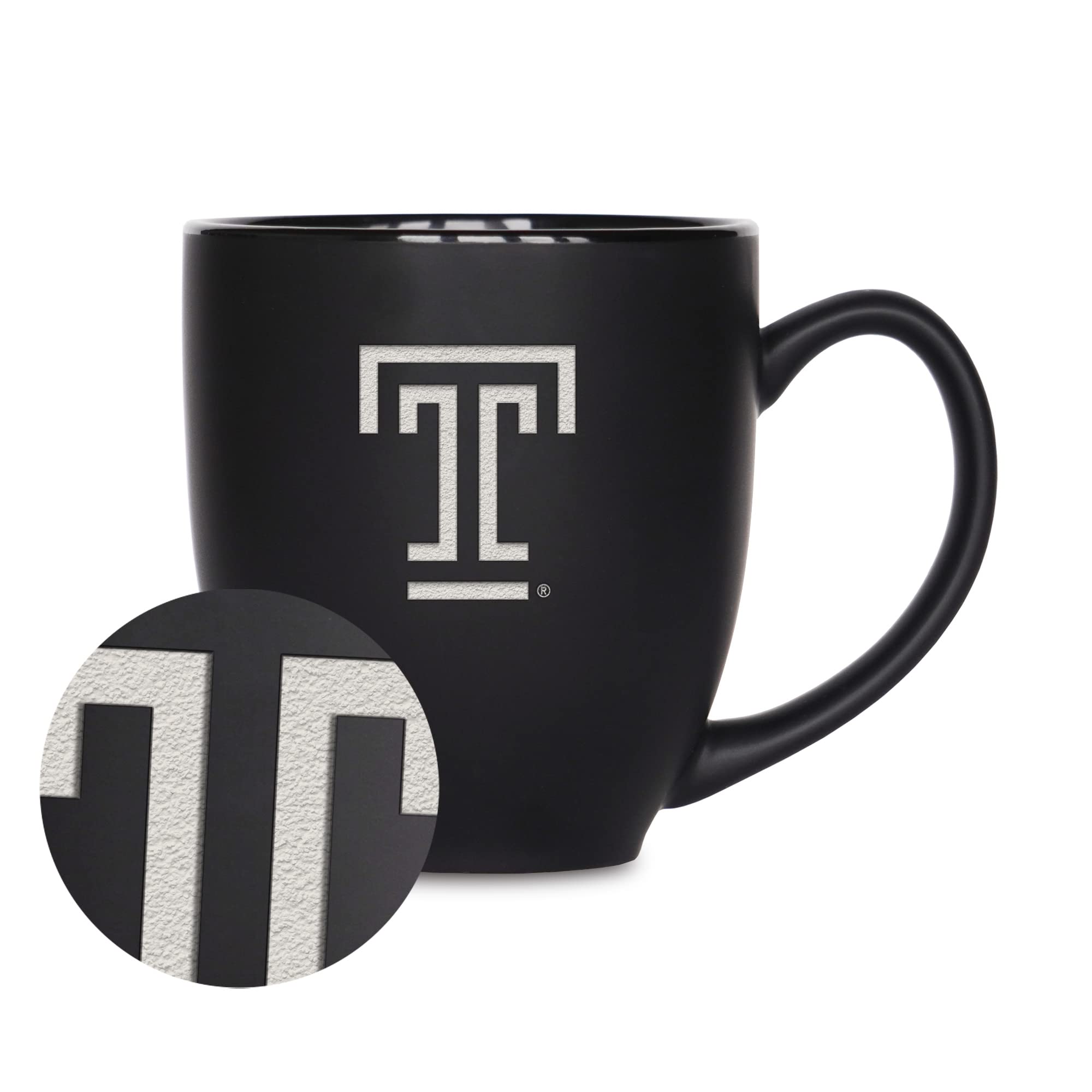 Rico Industries NCAA Temple Owls Main 15oz Laser Engraved Matte Black Ceramic Bistro Mug - For Hot or Cold Drinks