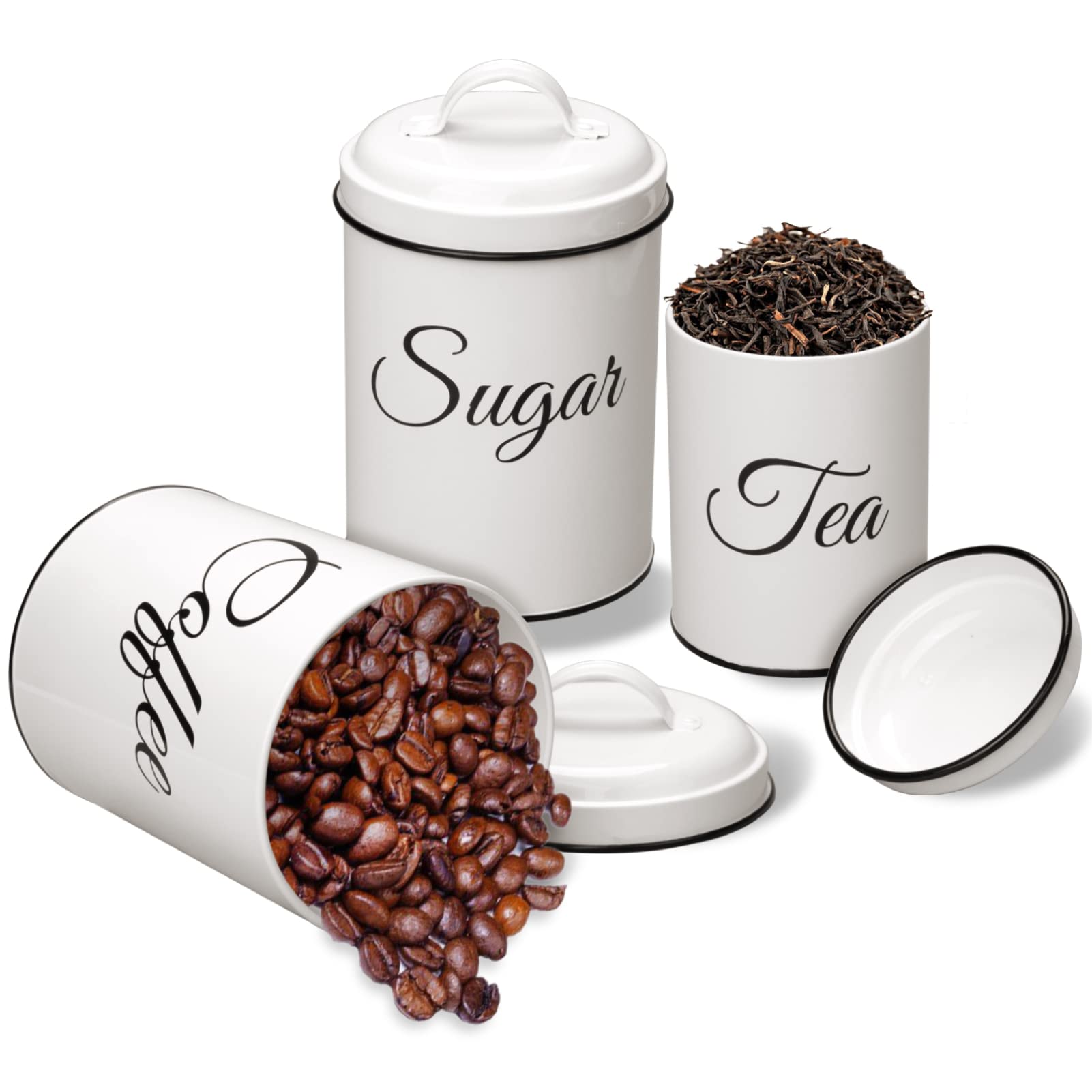 Glowsol Canister Sets For Kitchen Counter, Coffee Tea Sugar Canister Set, Airtight White Food Storage Jars With Lids, Rustic Far