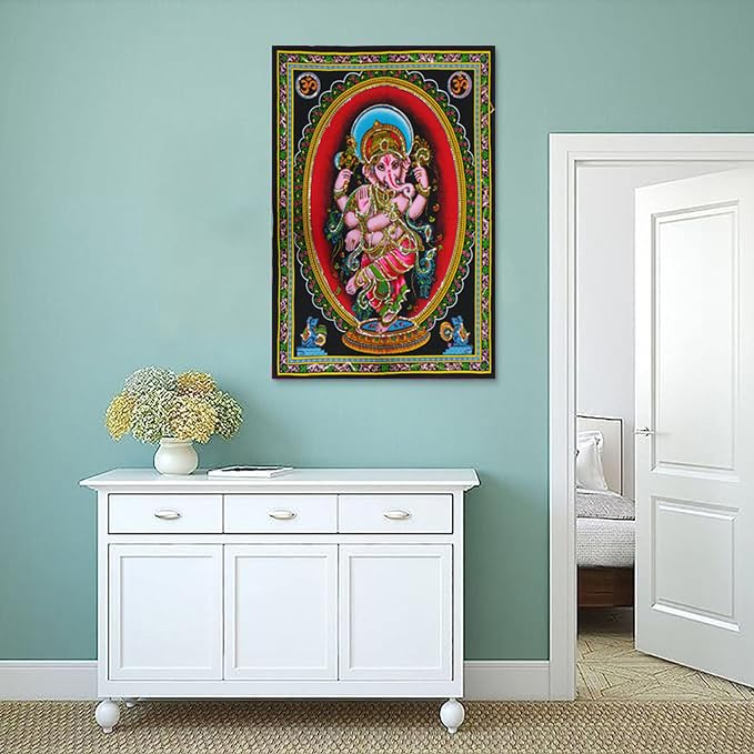 Rastogi Handicrafts Cotton Wall Hanging Indian Goddess Indian Deity 40'' X 30'' Poster Size (Dancing Ganesh-G)