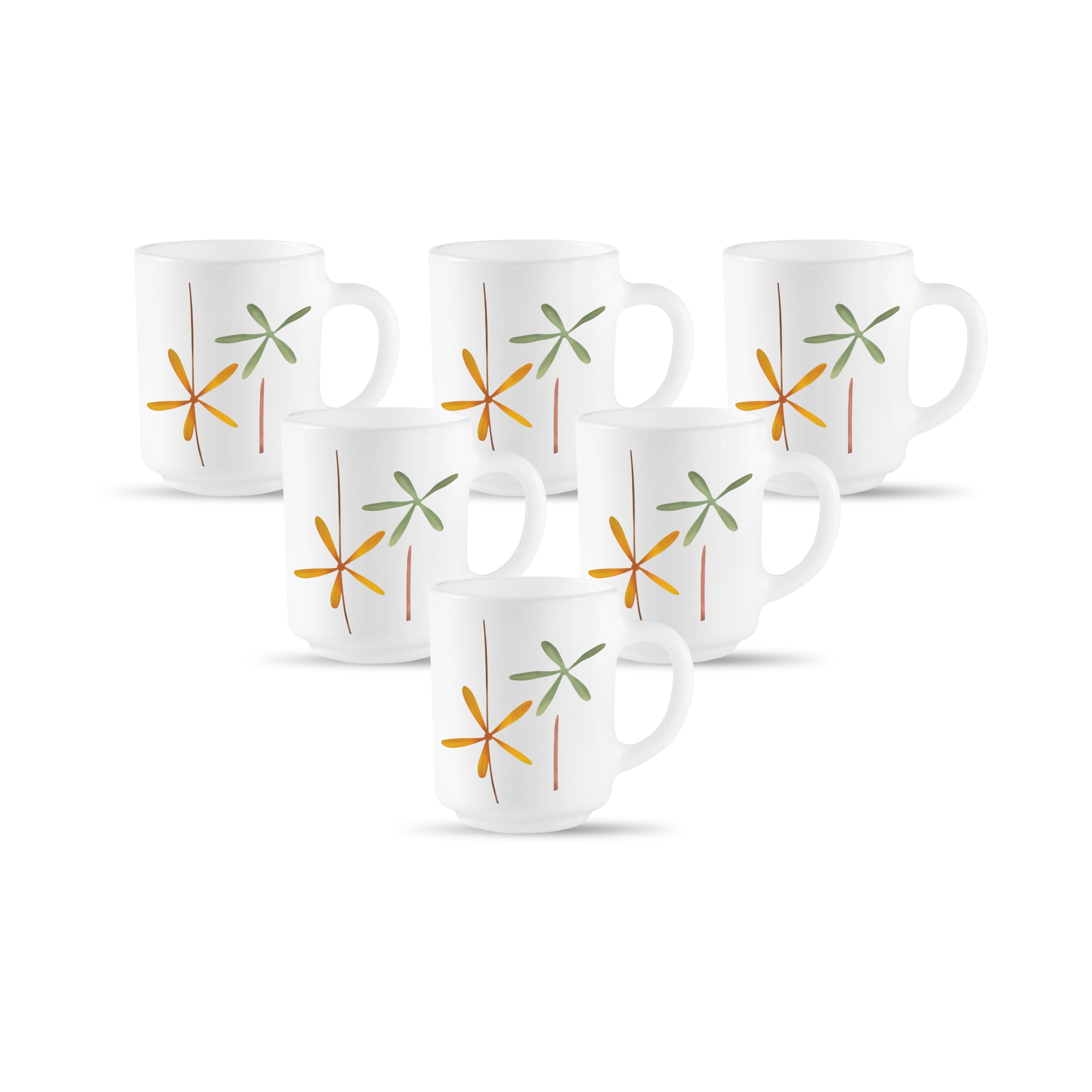 La Opala, Novo Collection Opal Glass Crockery | Coffee Mug Grace Medium, Set of 6 | Autumn Flower, 250 ml | for Tea & Coffee | M