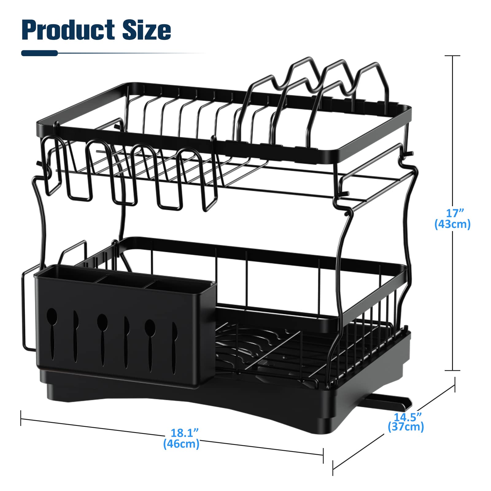 Aonee Dish Drying Rack, 2 Tier Dish Rack With Water Locking Function Drainboard, Pot Rack, Cutlery Holder, Cutting-Board Holder