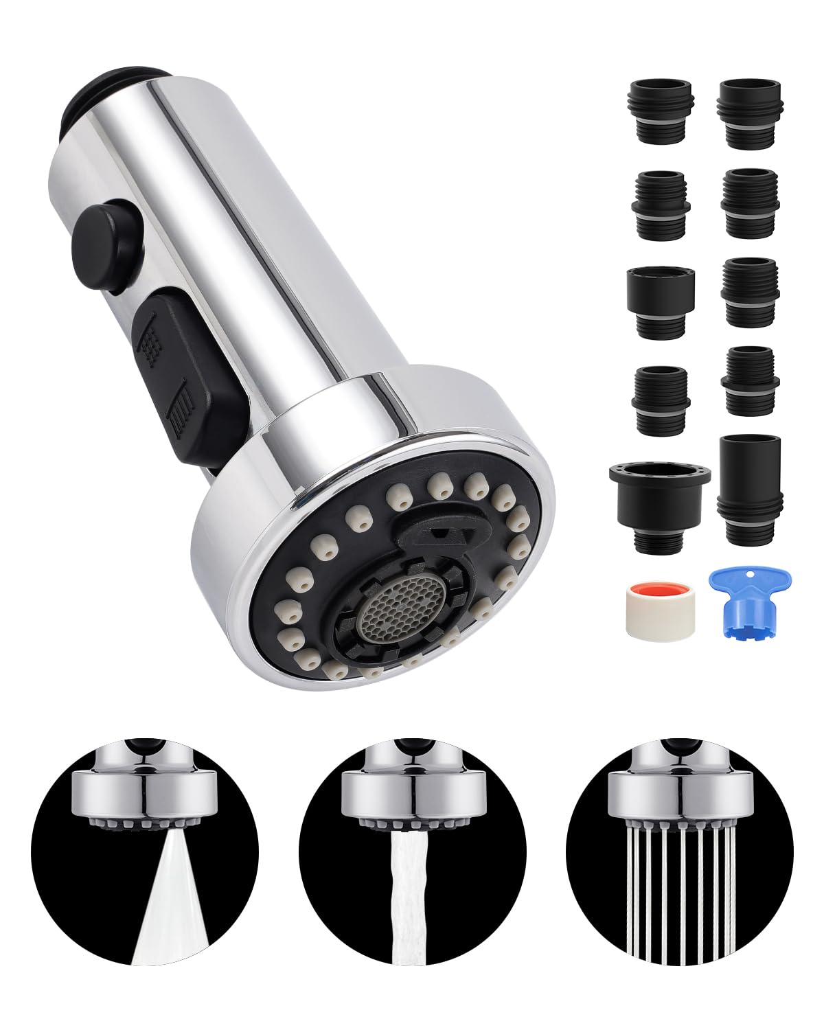 Hibbent Pull Down Kitchen Faucet Head Replacement, 3 Function Sink Faucet Sprayer Head Nozzle With 10 Adapters, Compatible With