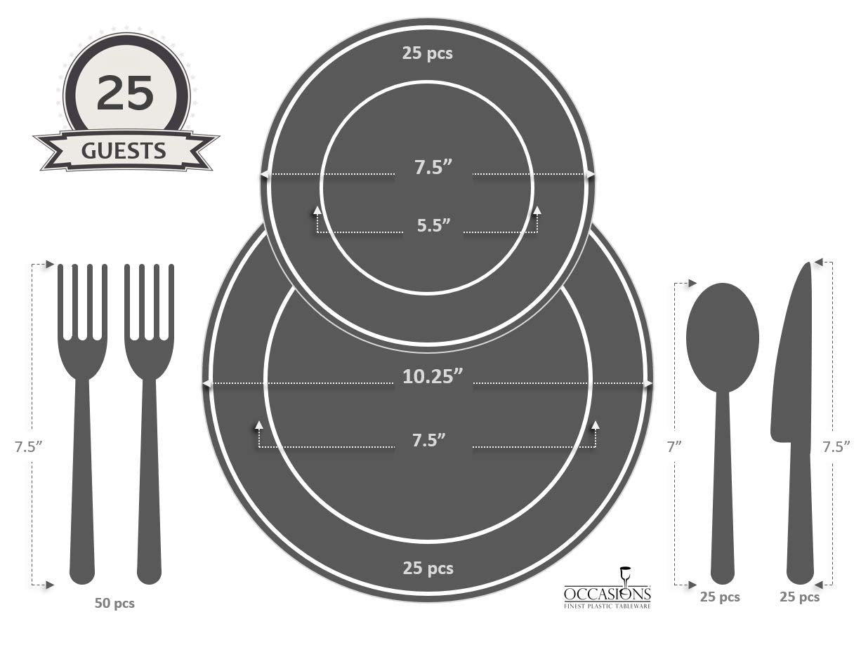 ' Occasions '' 150 Piece Set (25 Guests) Vintage Wedding Party Disposable Dinnerware Set Plastic Plates 10.25'', 7.5'' + Silver