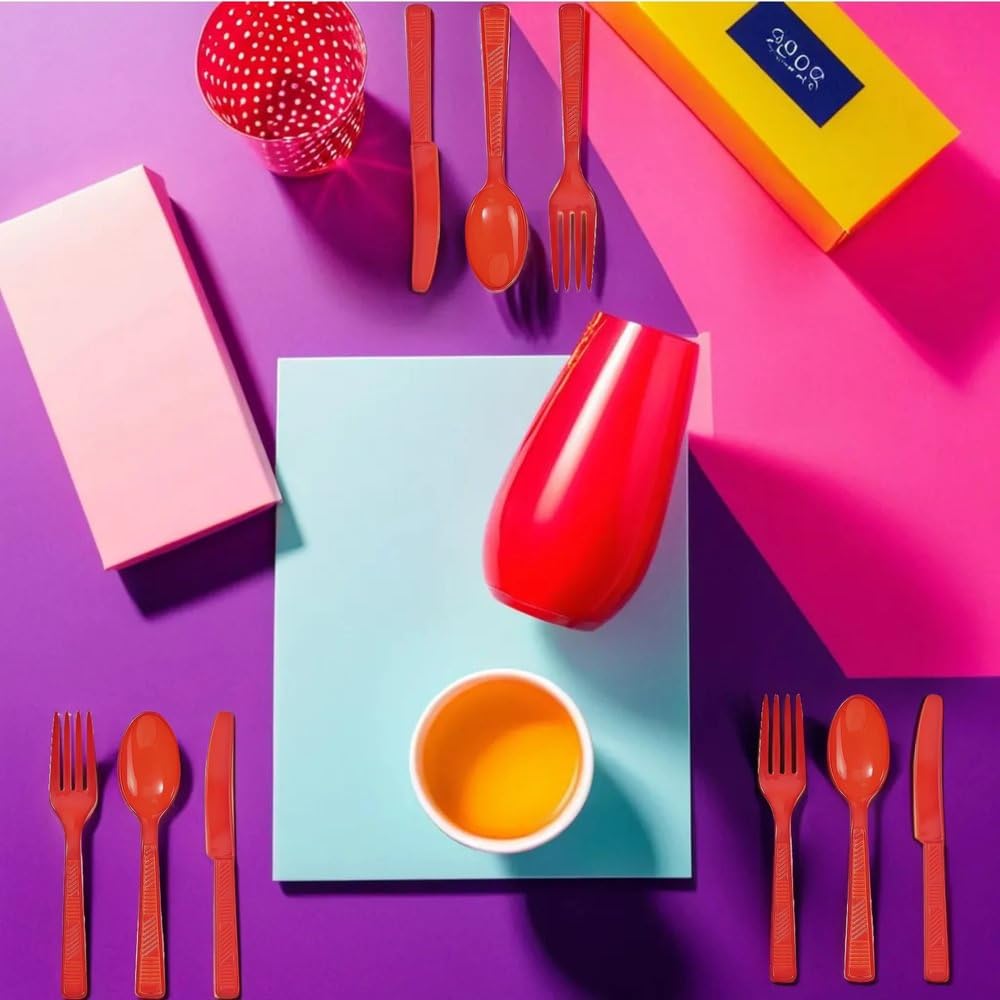 Disposable Plastic Cutlery Set  Red  Pack of 48